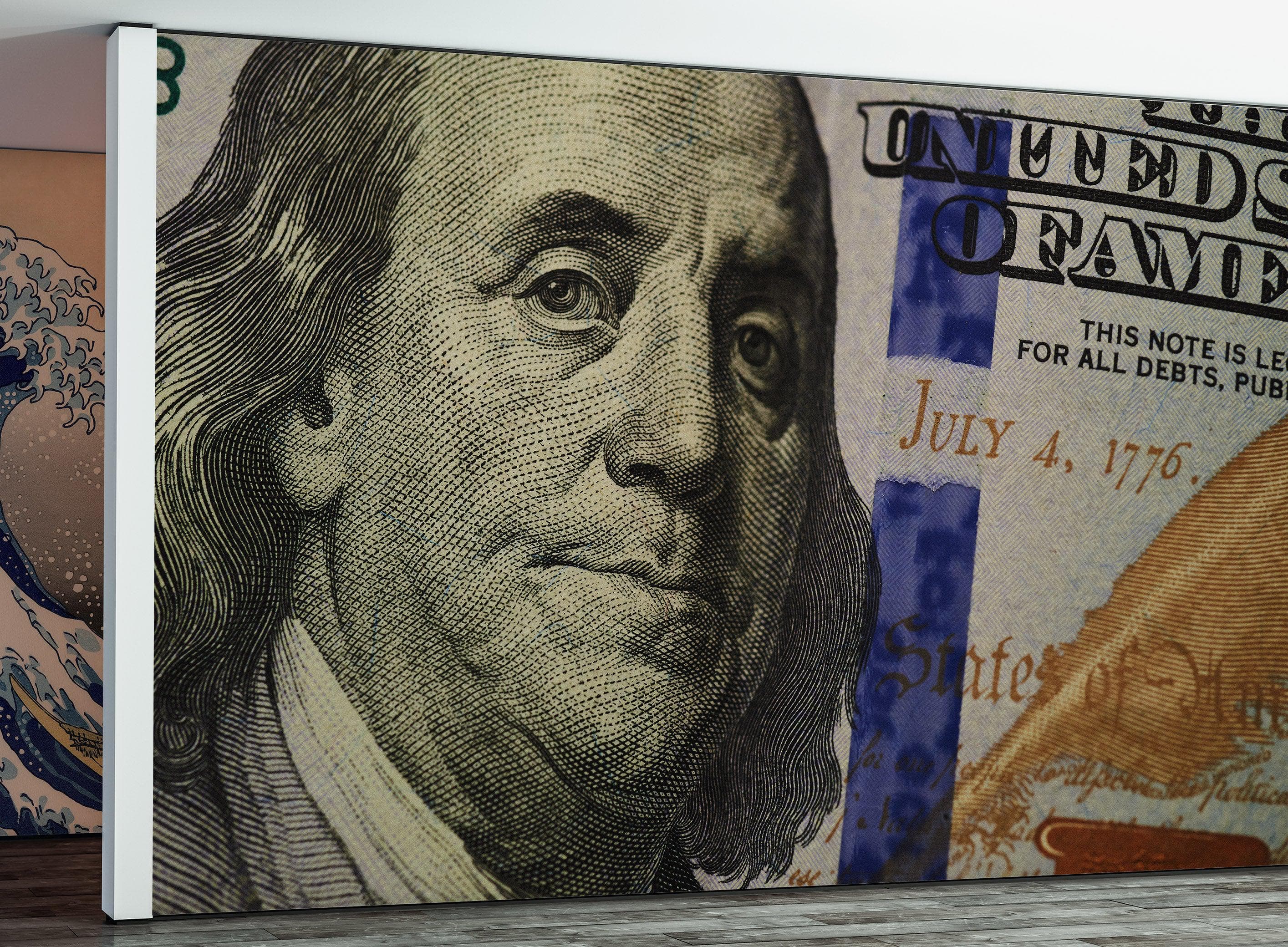 Fondo de pantalla de dinero. Mural de pared con el billete de 100 dólares de Benjamin Franklin. #6399