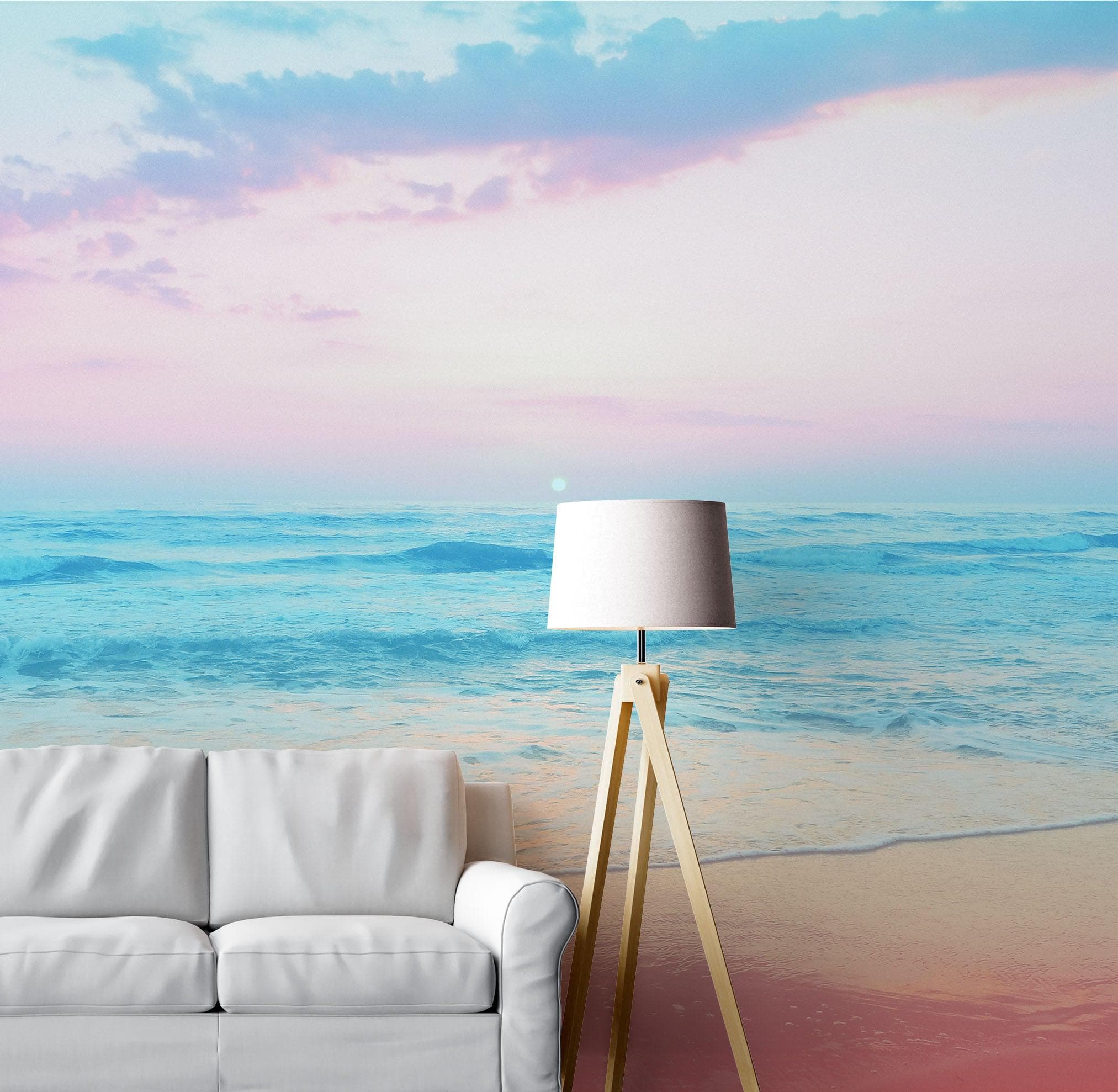 Mural de pared con puesta de sol en colores pastel sobre el horizonte del océano. Papel tapiz autoadhesivo con temática de playa. N.º 6400