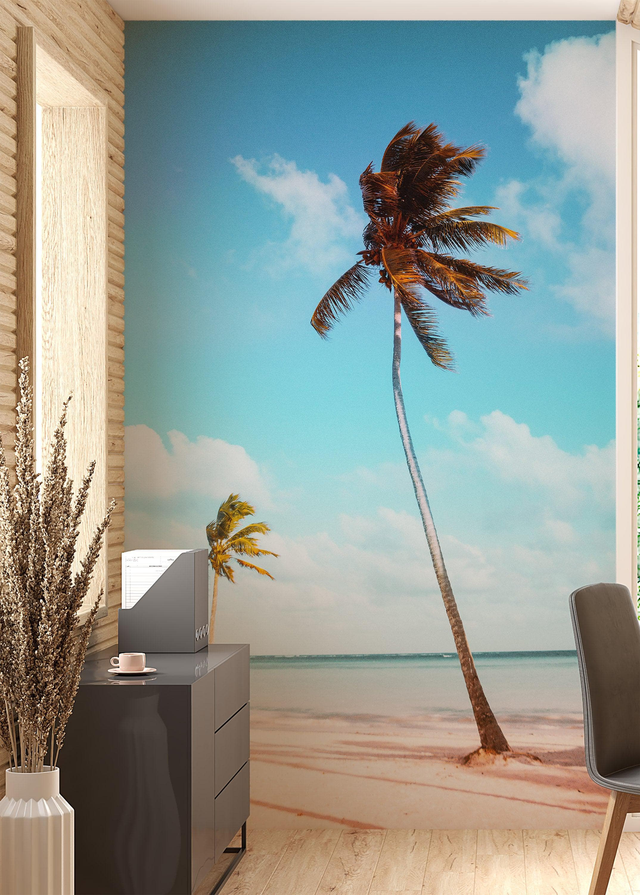 Mural de pared con palmeras en la costa de la playa. Papel tapiz autoadhesivo con temática tropical. N.º 6401