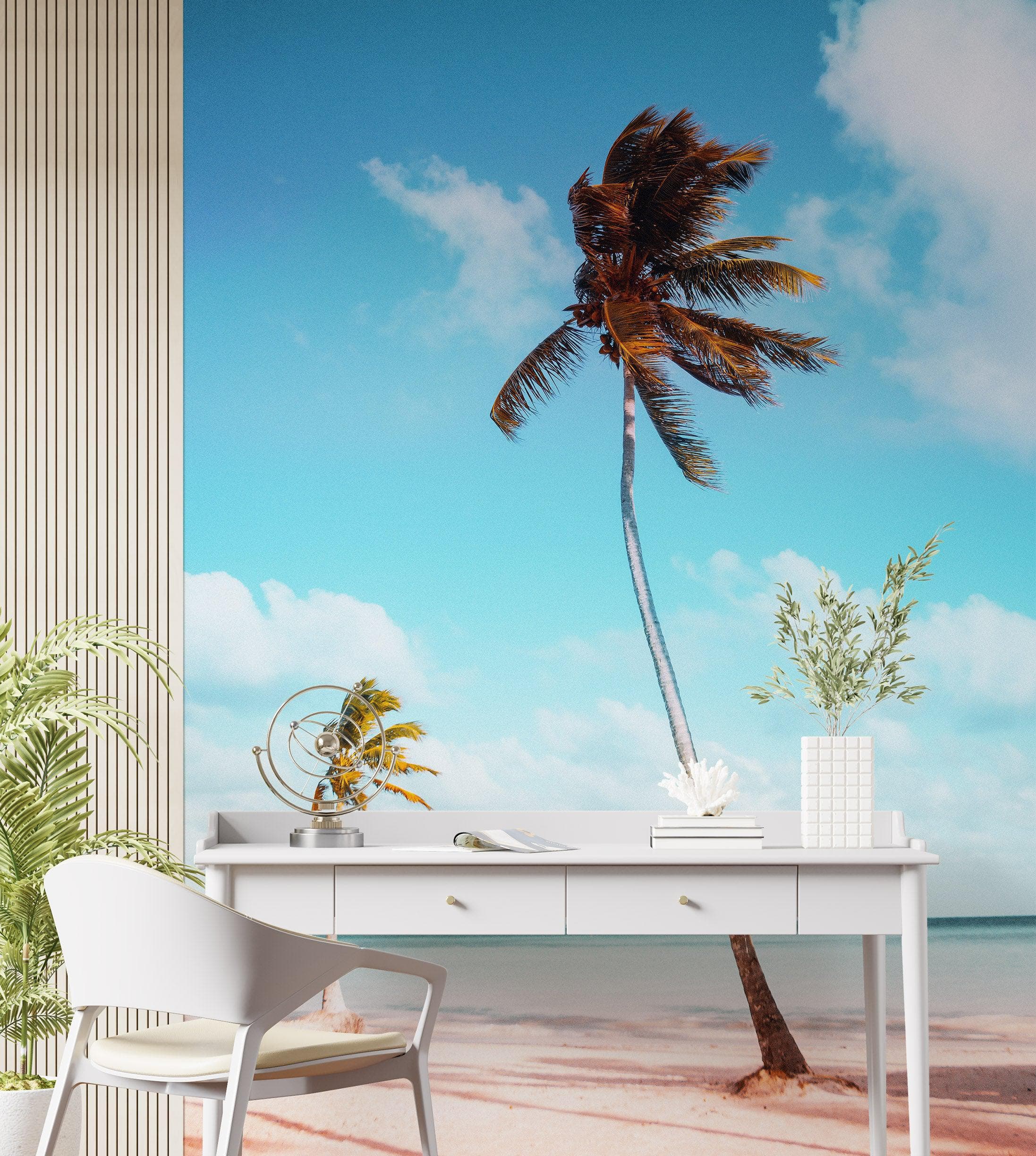 Mural de pared con palmeras en la costa de la playa. Papel tapiz autoadhesivo con temática tropical. N.º 6401