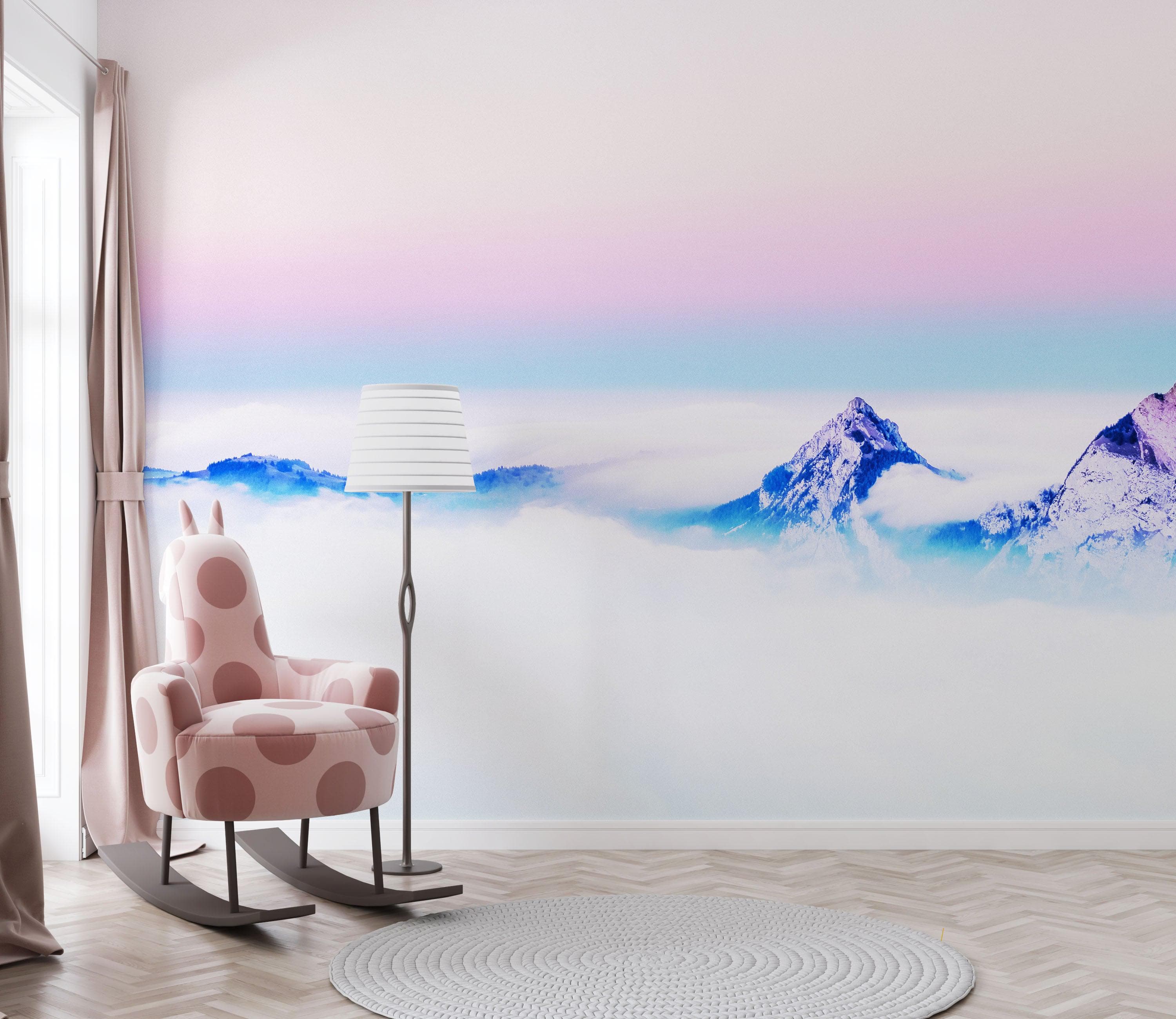 Mural de pared con vista a la montaña en colores pastel sobre las nubes. Papel tapiz autoadhesivo o mural de pared extraíble. N.º 6402