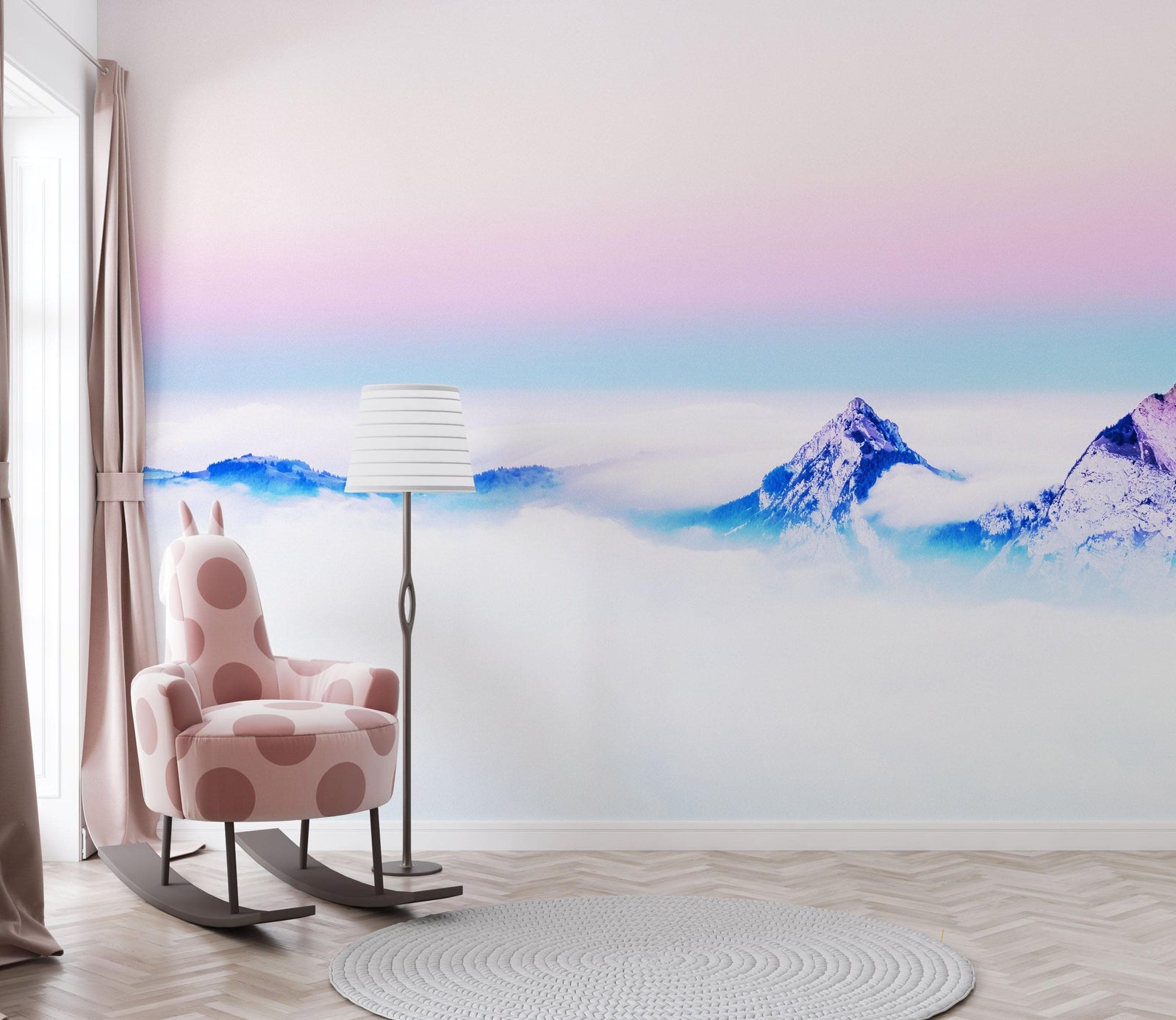 Mural de pared con vista a la montaña en colores pastel sobre las nubes. Papel tapiz autoadhesivo o mural de pared extraíble. N.º 6402