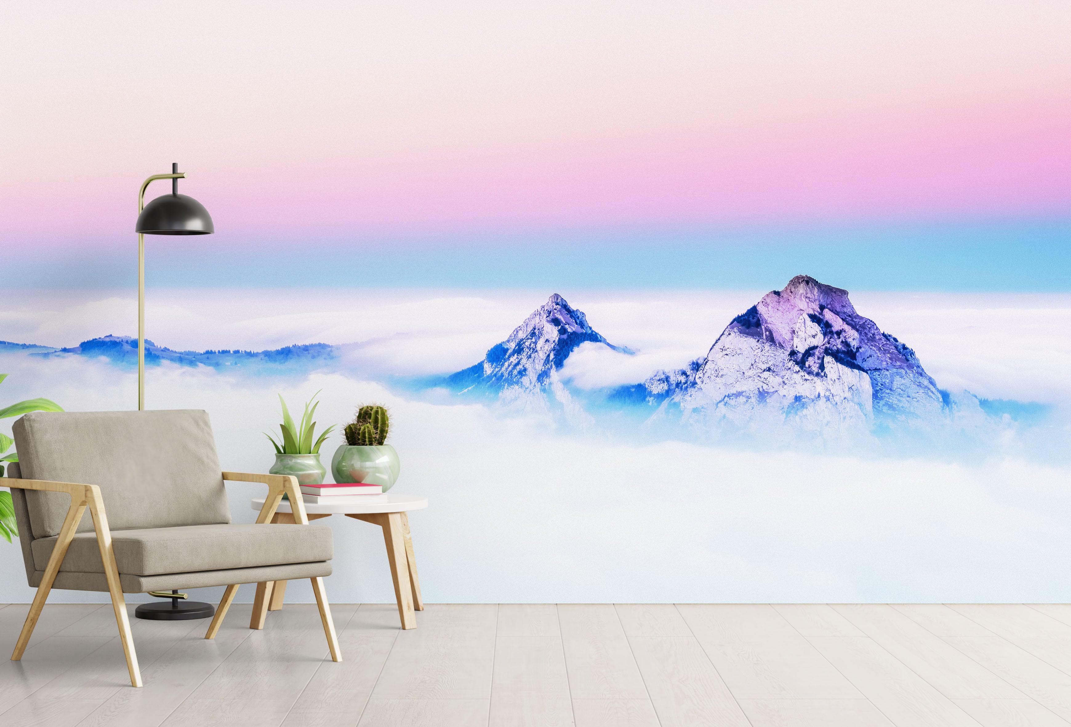 Mural de pared con vista a la montaña en colores pastel sobre las nubes. Papel tapiz autoadhesivo o mural de pared extraíble. N.º 6402