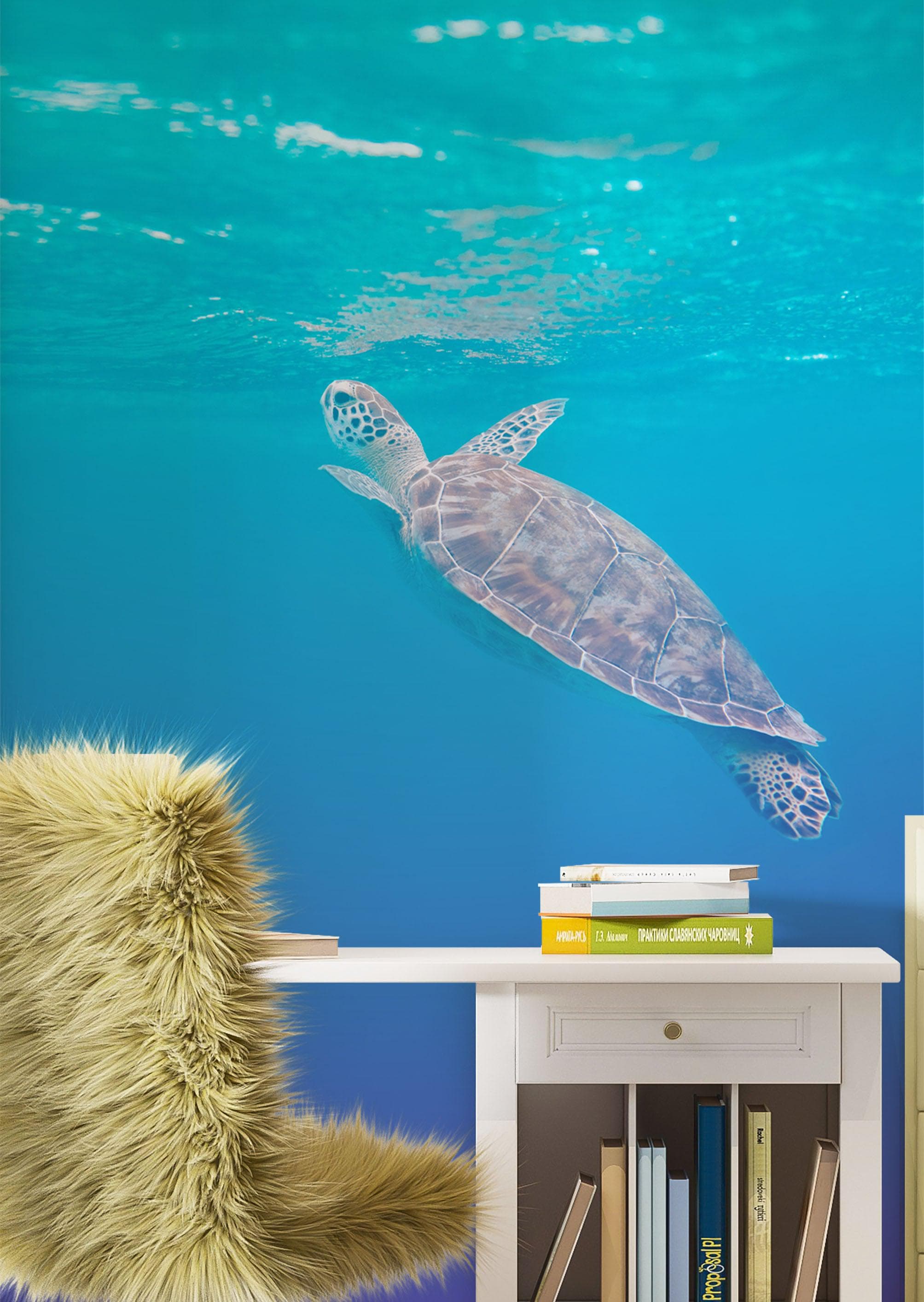 Mural de pared con tortuga marina nadando y tomando aire. Animales marinos en colores pastel. Papel tapiz autoadhesivo. N.º 6406