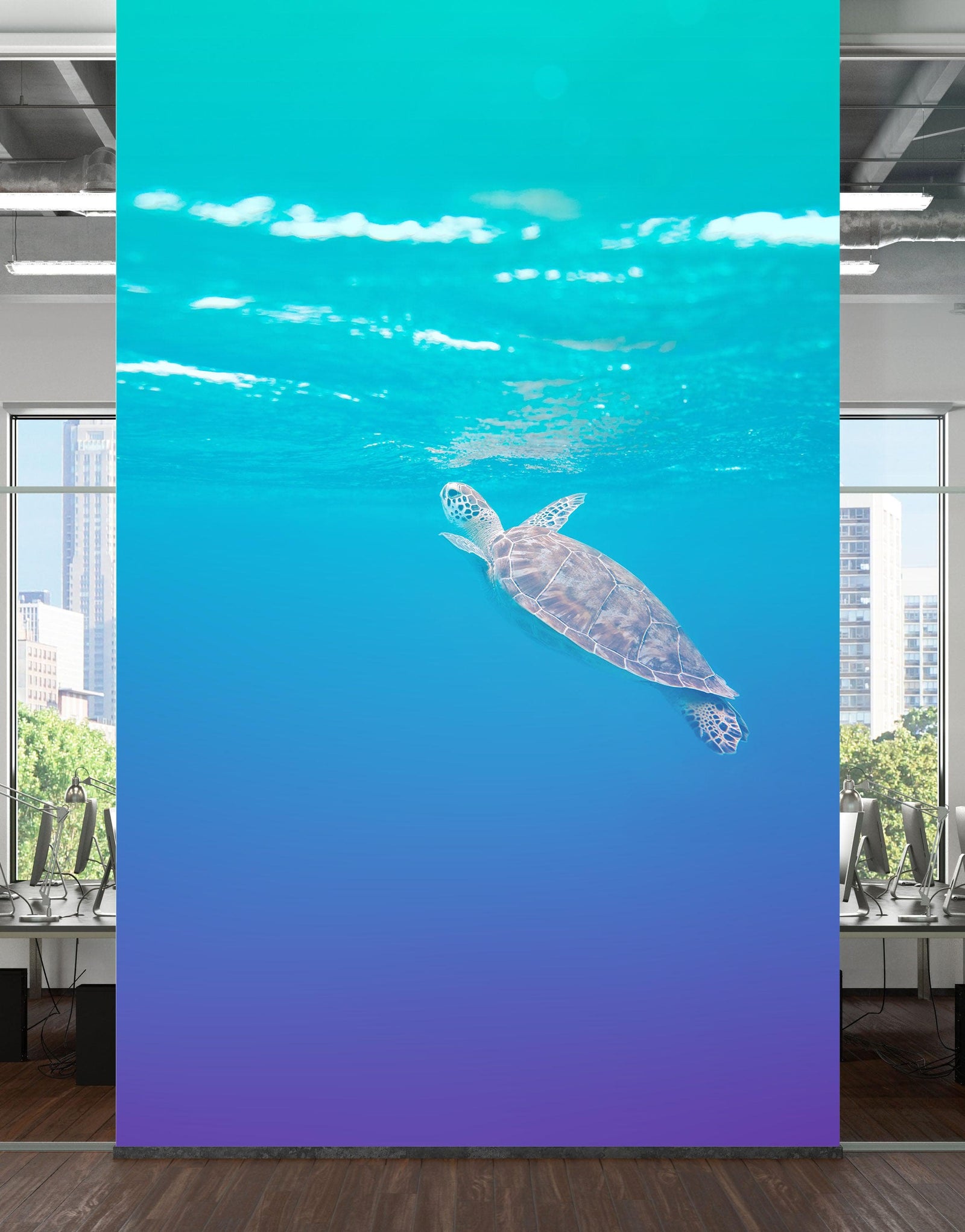 Mural de pared con tortuga marina nadando y tomando aire. Animales marinos en colores pastel. Papel tapiz autoadhesivo. N.º 6406