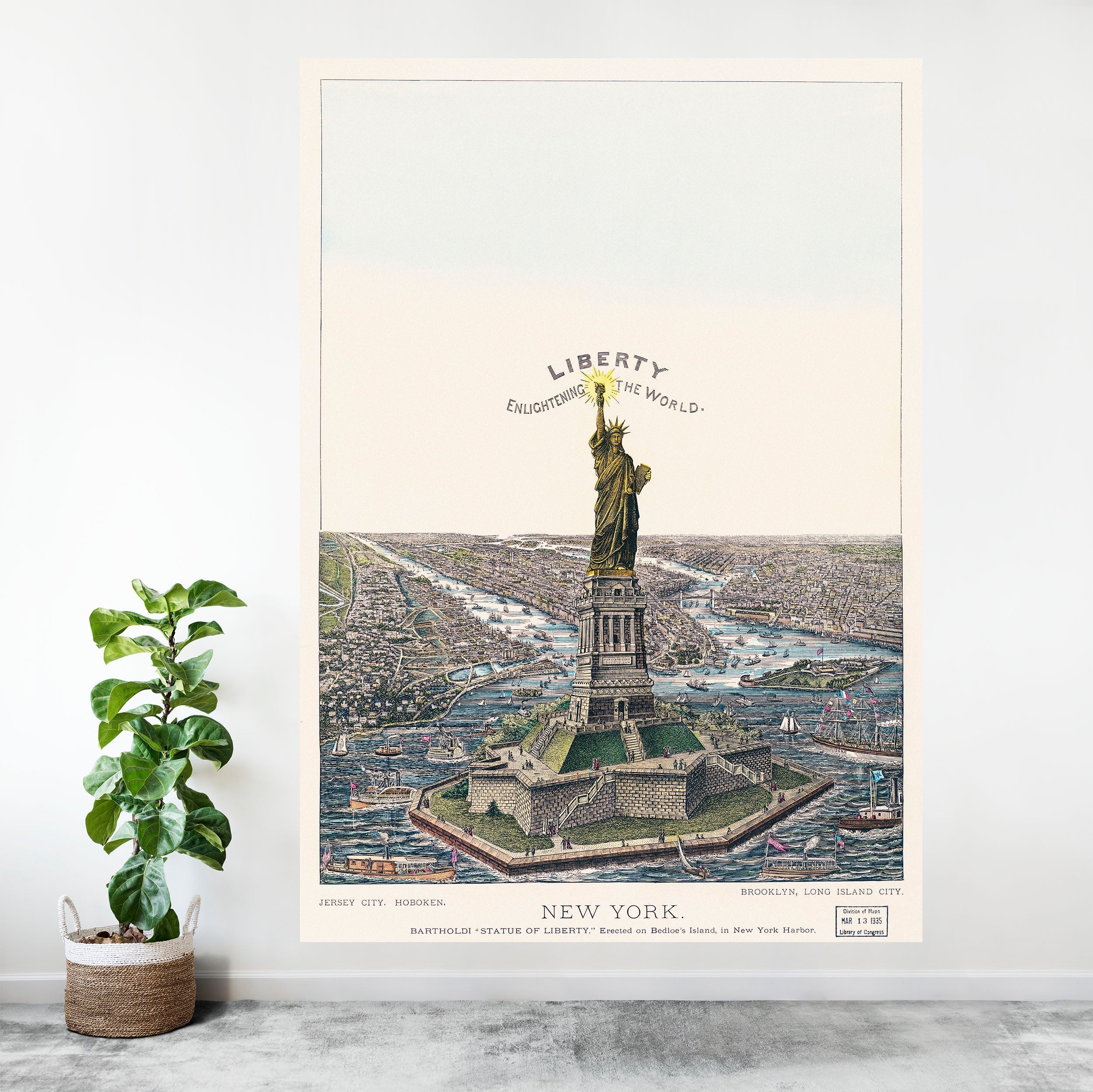 Ilustración vintage del mural de pared de la Estatua de la Libertad. La gran estatua de Bartholdi, la libertad que ilumina el mundo. Papel pintado autoadhesivo. #6409