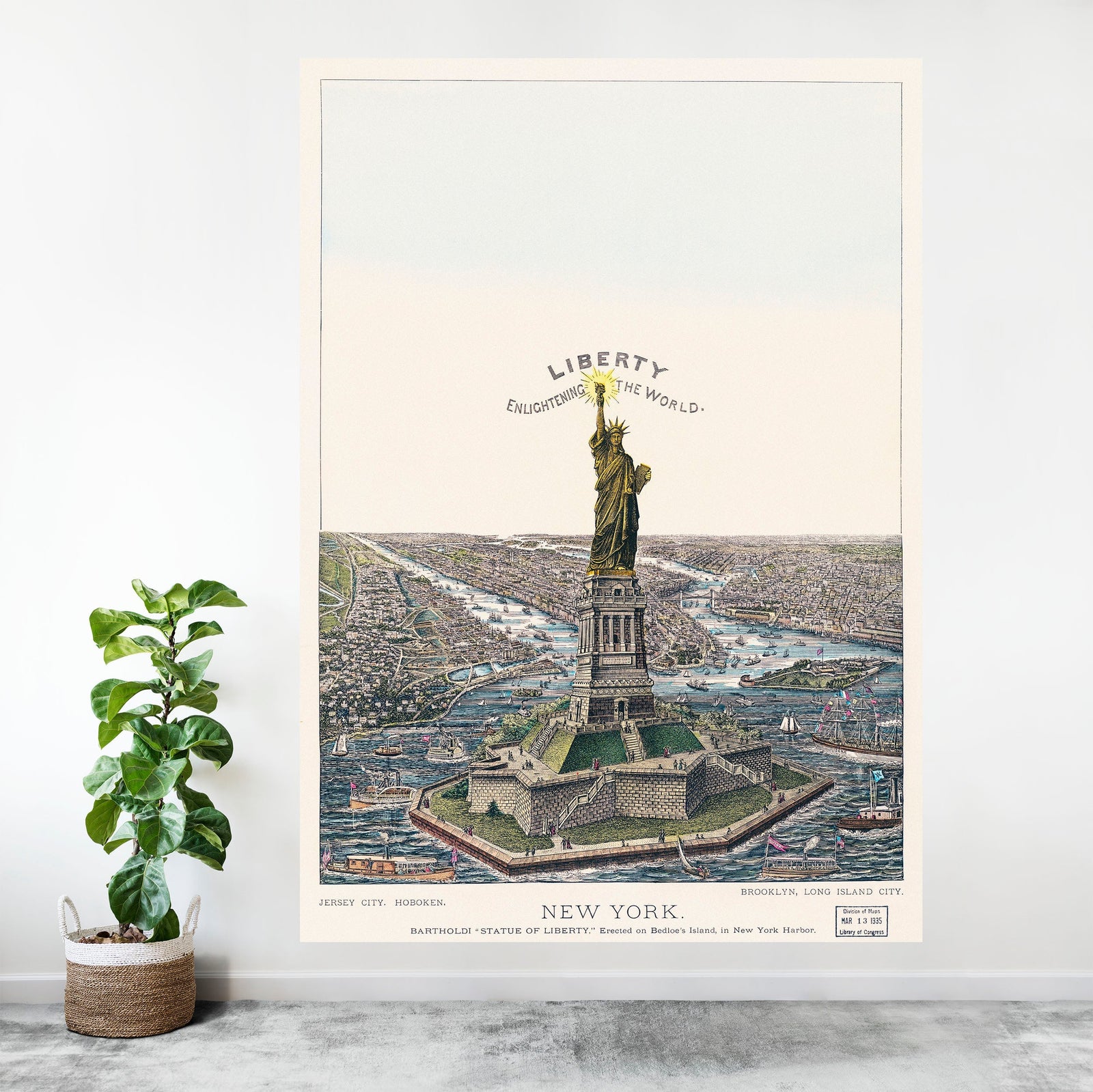 Ilustración vintage del mural de pared de la Estatua de la Libertad. La gran estatua de Bartholdi, la libertad que ilumina el mundo. Papel pintado autoadhesivo. #6409
