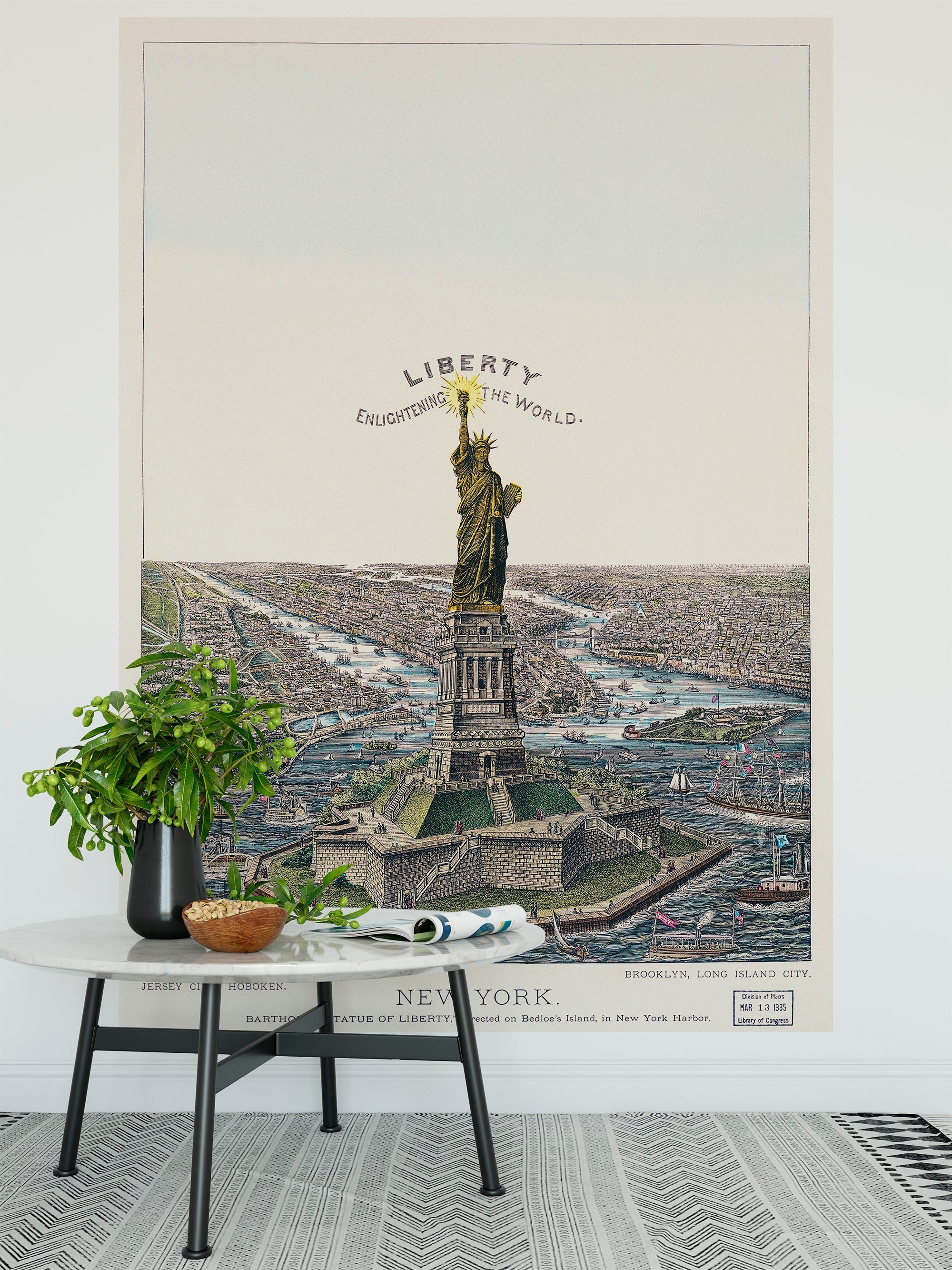 Ilustración vintage del mural de pared de la Estatua de la Libertad. La gran estatua de Bartholdi, la libertad que ilumina el mundo. Papel pintado autoadhesivo. #6409