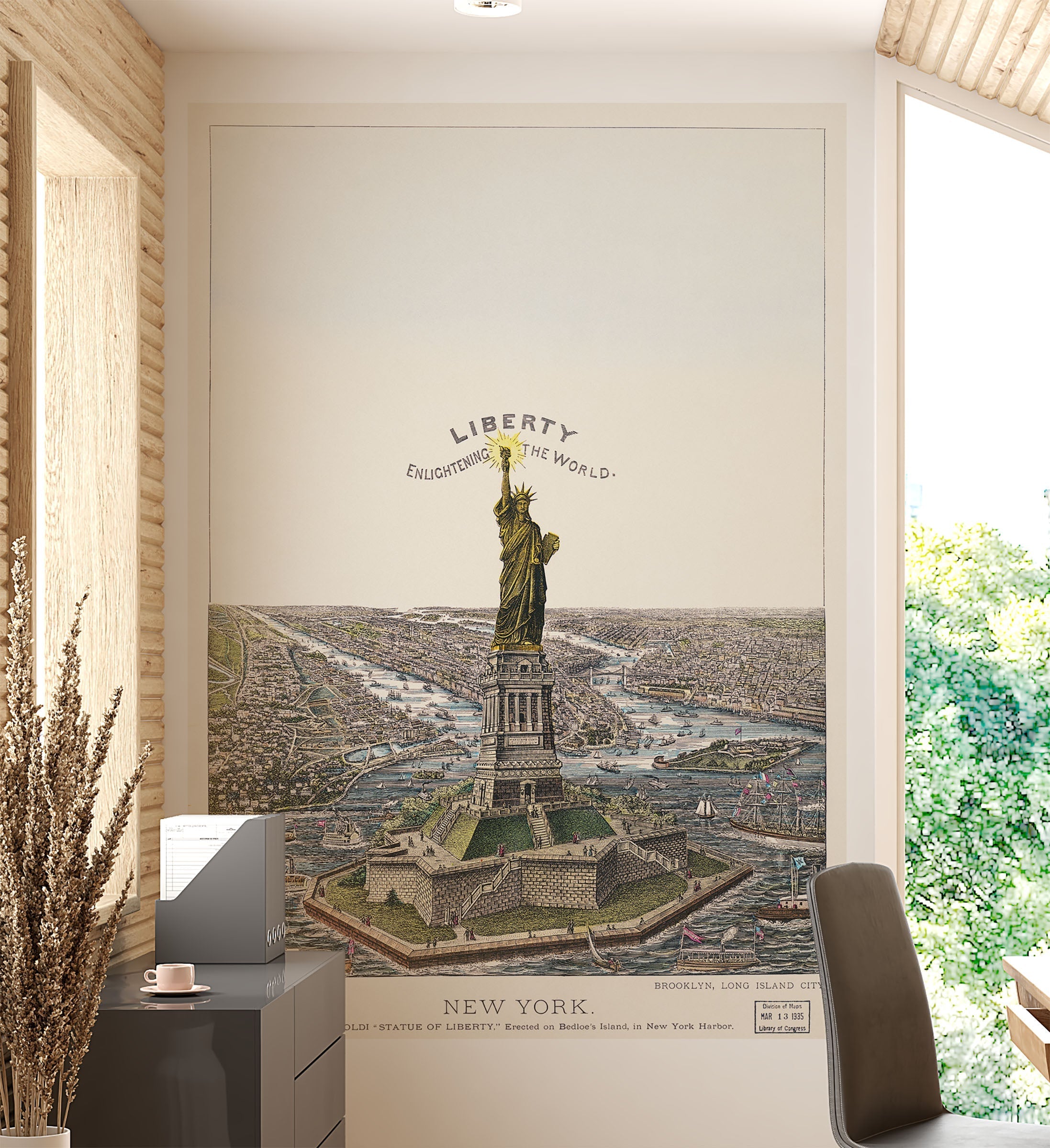 Ilustración vintage del mural de pared de la Estatua de la Libertad. La gran estatua de Bartholdi, la libertad que ilumina el mundo. Papel pintado autoadhesivo. #6409