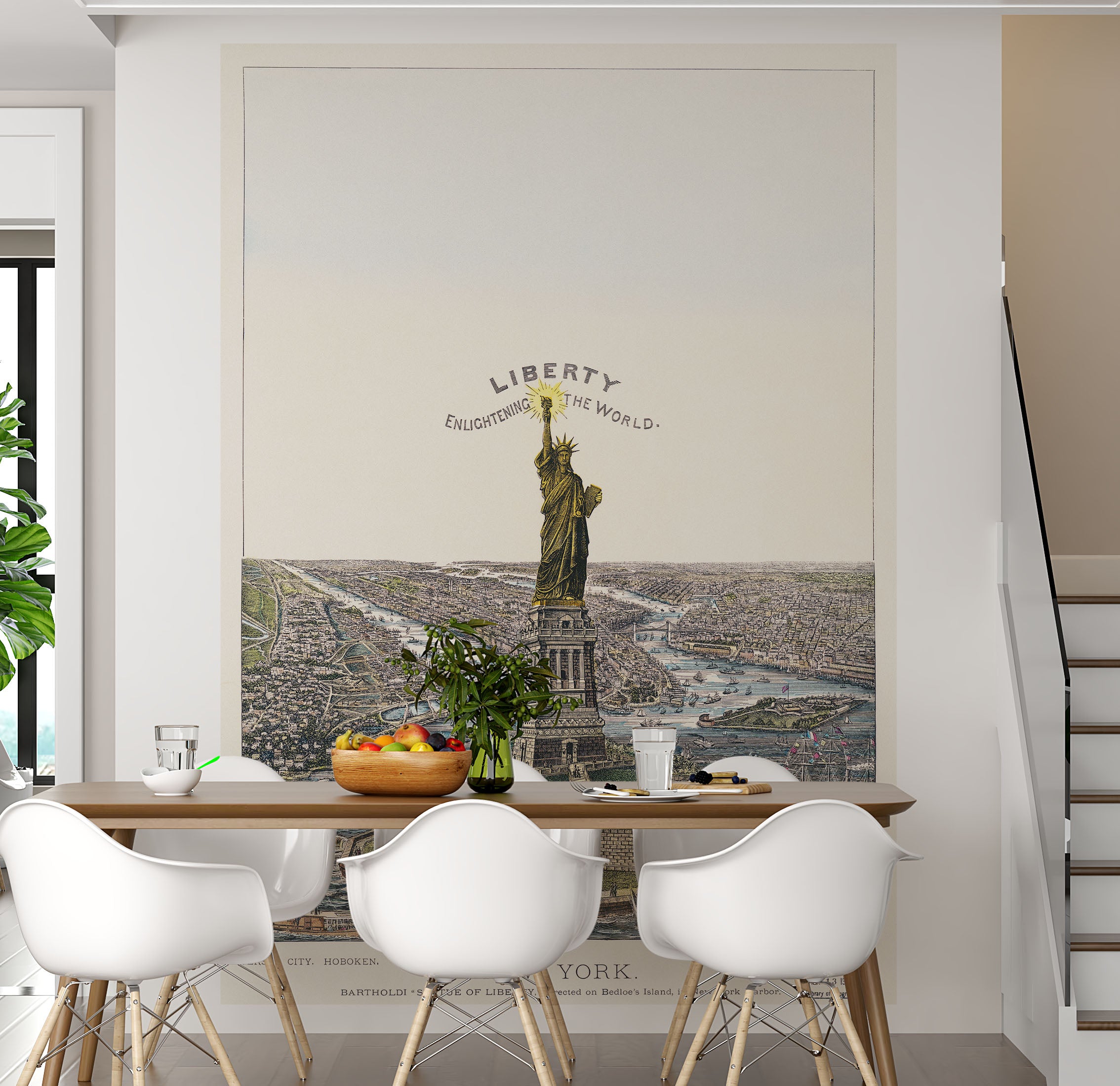 Ilustración vintage del mural de pared de la Estatua de la Libertad. La gran estatua de Bartholdi, la libertad que ilumina el mundo. Papel pintado autoadhesivo. #6409