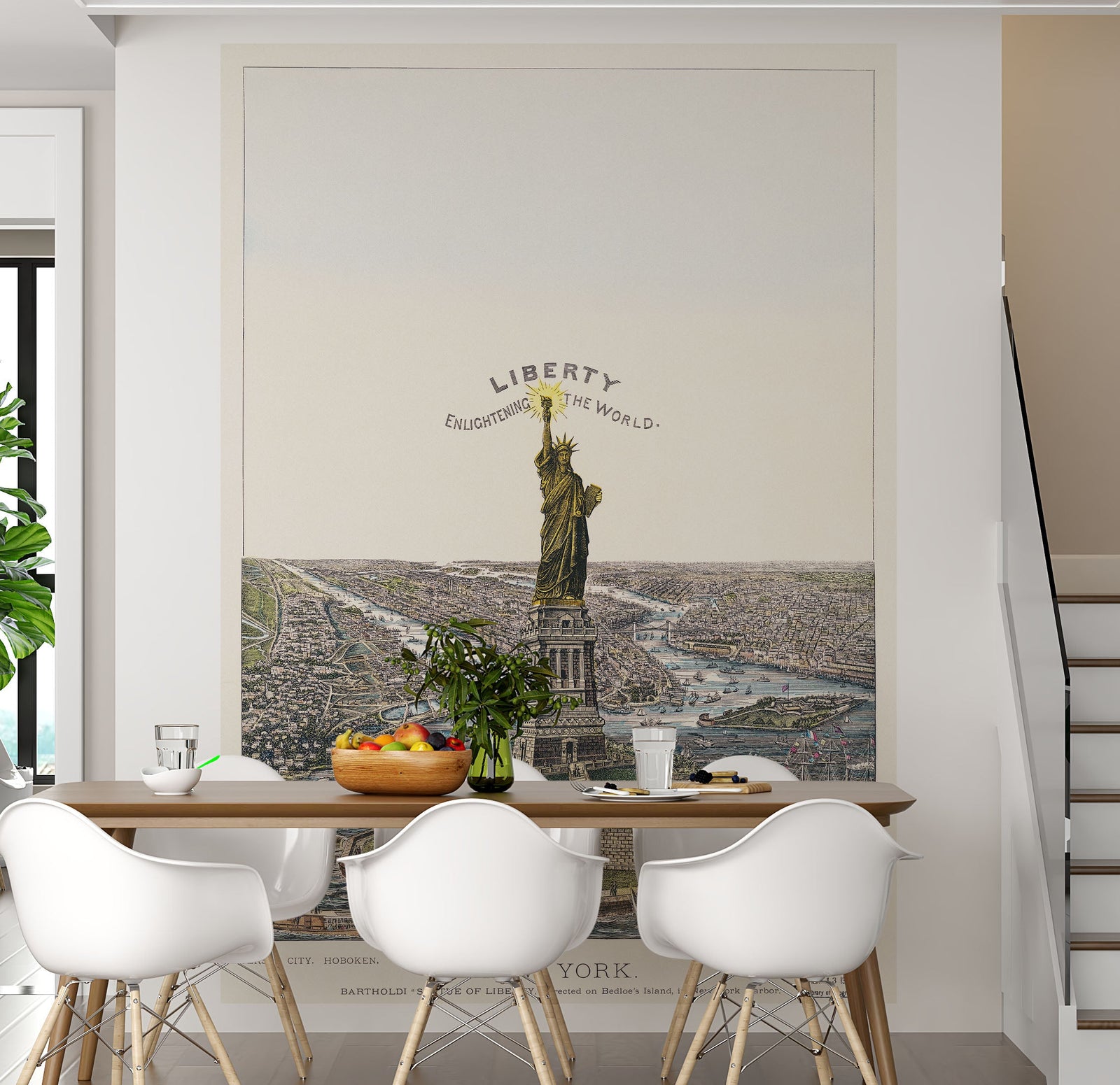 Ilustración vintage del mural de pared de la Estatua de la Libertad. La gran estatua de Bartholdi, la libertad que ilumina el mundo. Papel pintado autoadhesivo. #6409