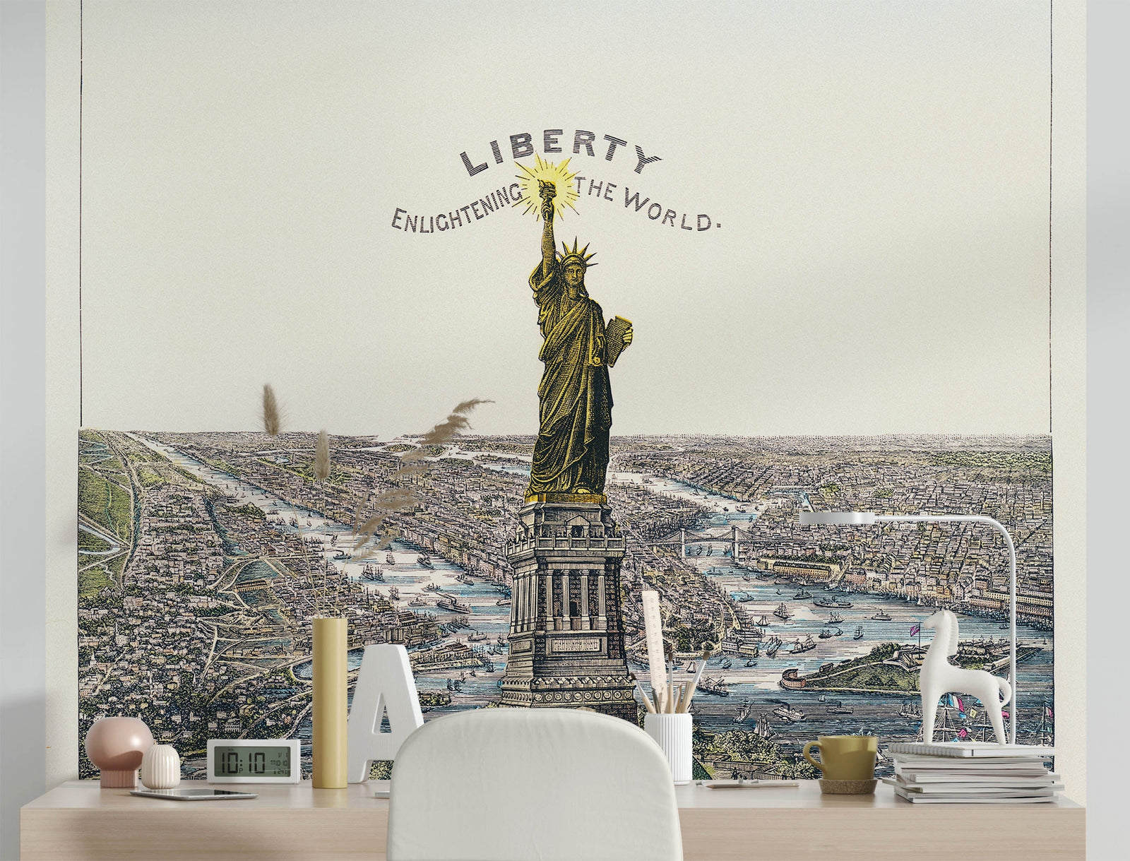 Ilustración vintage del mural de pared de la Estatua de la Libertad. La gran estatua de Bartholdi, la libertad que ilumina el mundo. Papel pintado autoadhesivo. #6409