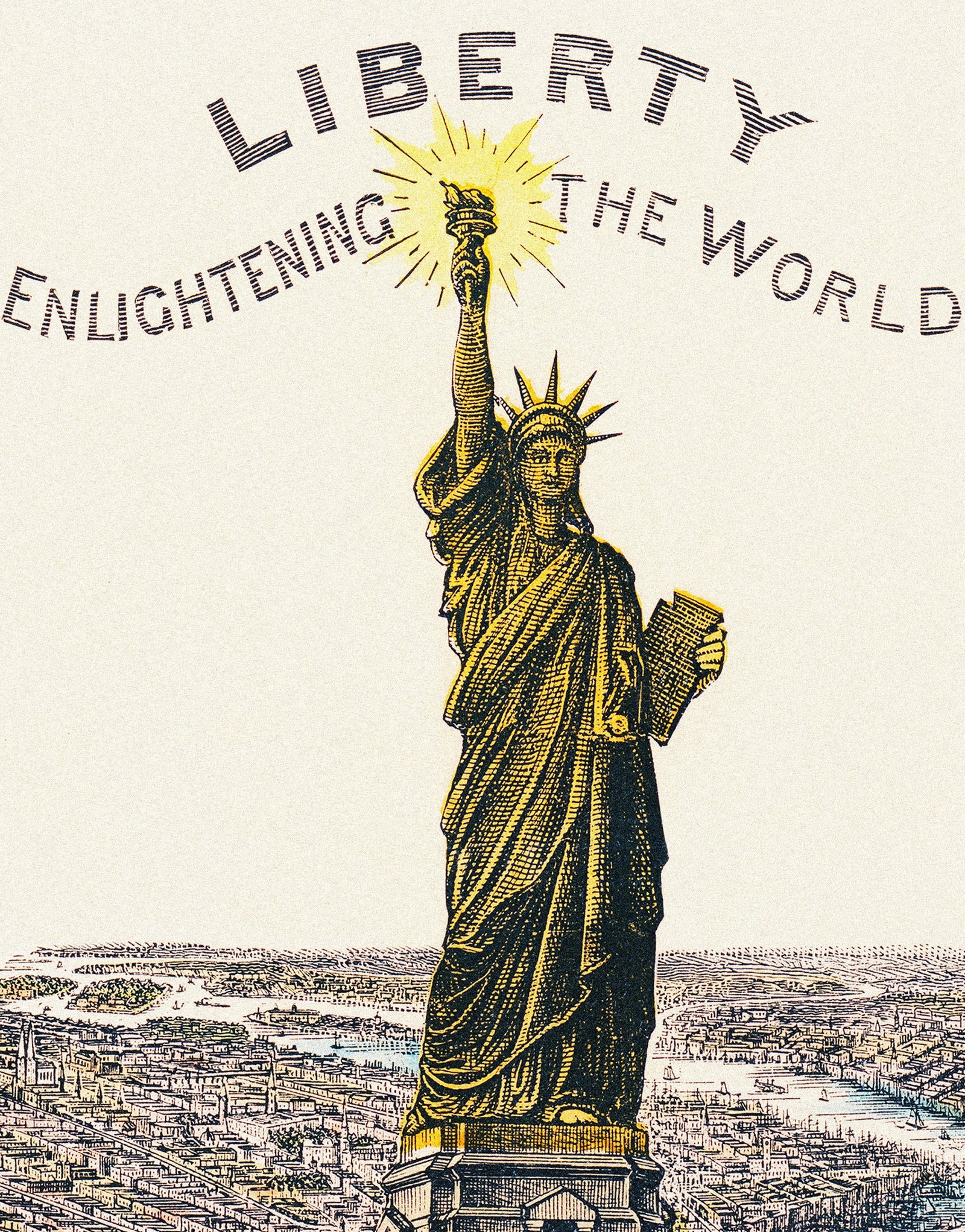 Ilustración vintage del mural de pared de la Estatua de la Libertad. La gran estatua de Bartholdi, la libertad que ilumina el mundo. Papel pintado autoadhesivo. #6409