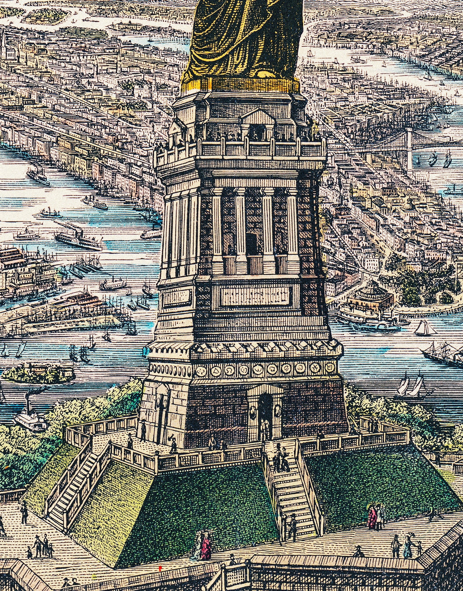 Ilustración vintage del mural de pared de la Estatua de la Libertad. La gran estatua de Bartholdi, la libertad que ilumina el mundo. Papel pintado autoadhesivo. #6409