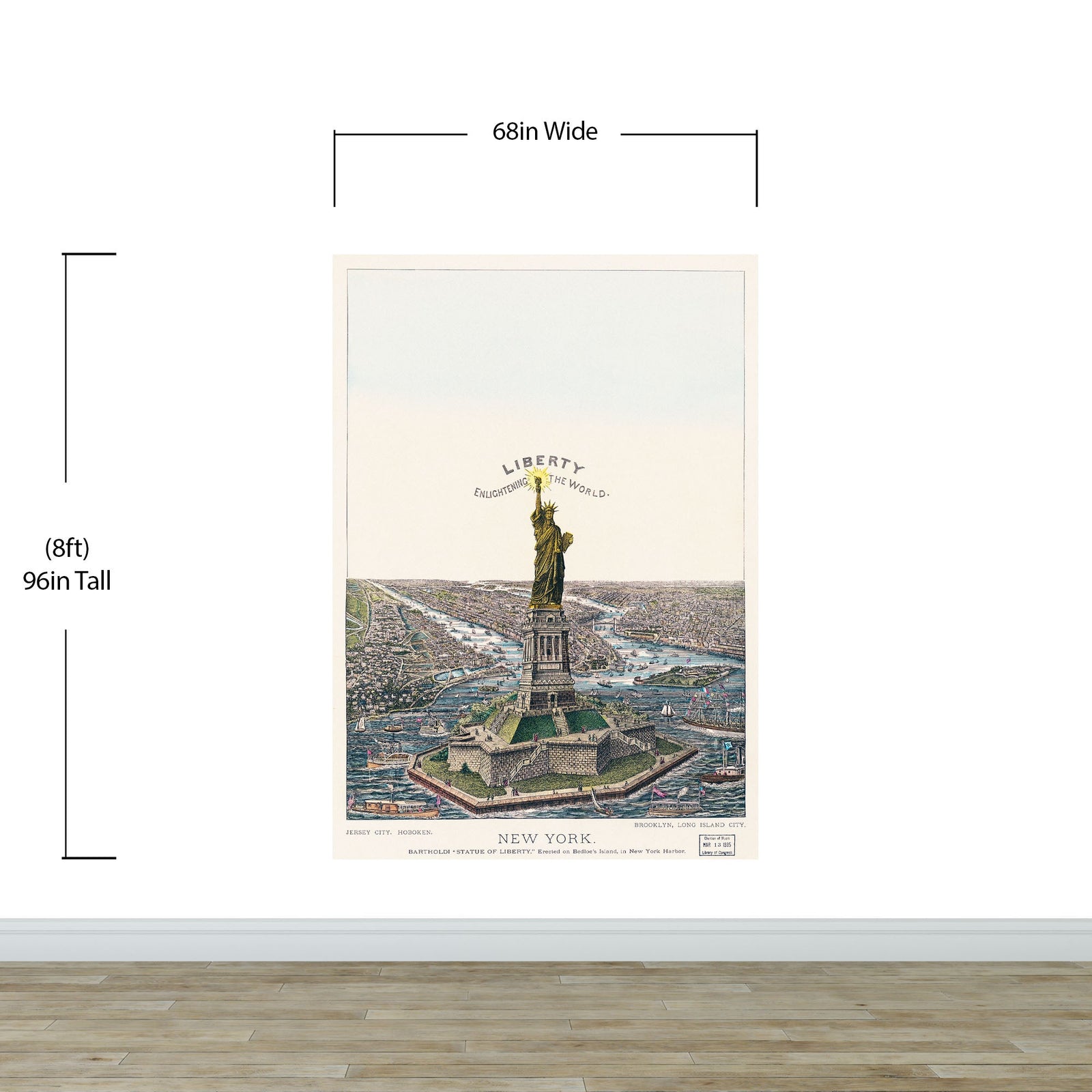 Ilustración vintage del mural de pared de la Estatua de la Libertad. La gran estatua de Bartholdi, la libertad que ilumina el mundo. Papel pintado autoadhesivo. #6409