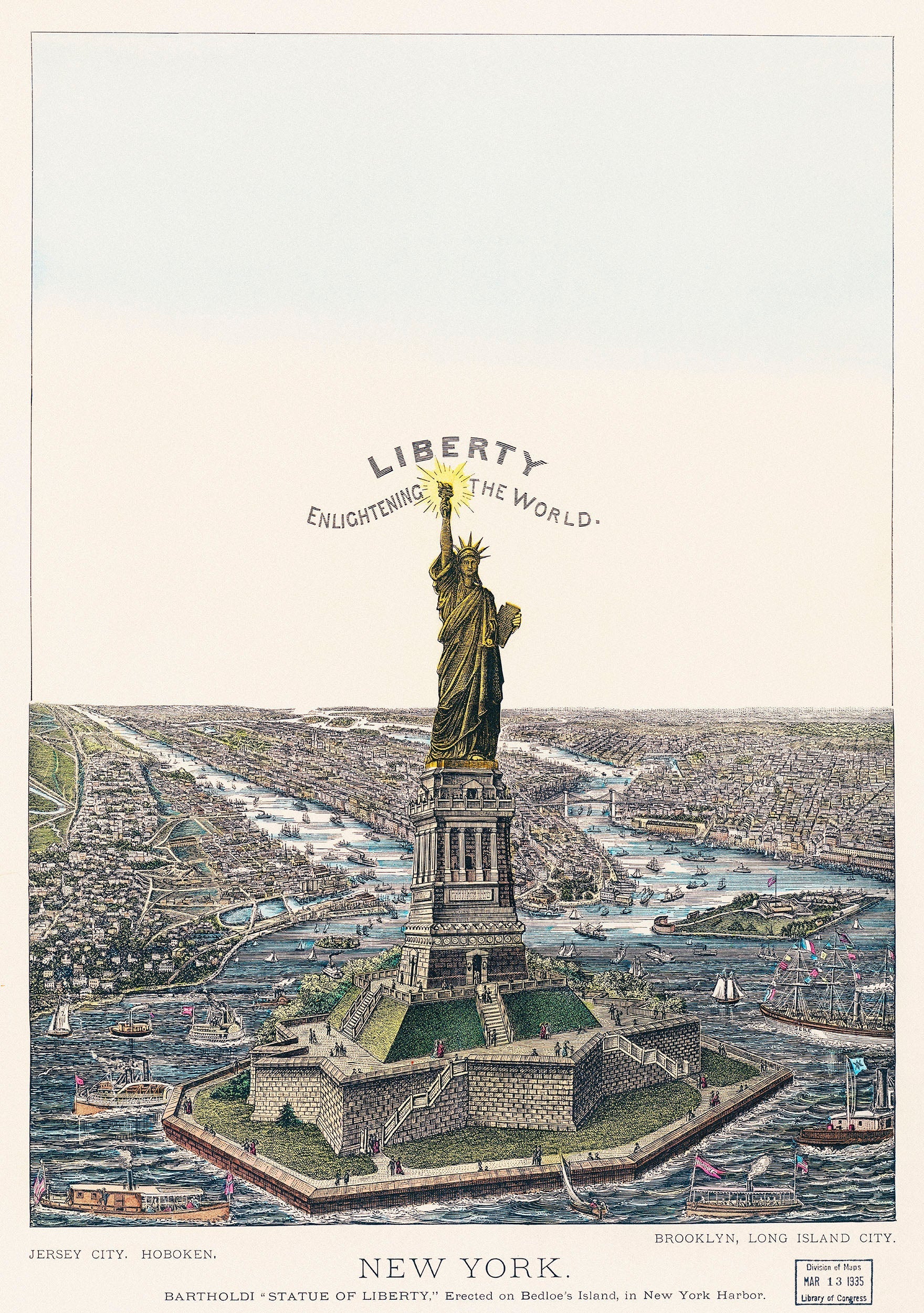 Ilustración vintage del mural de pared de la Estatua de la Libertad. La gran estatua de Bartholdi, la libertad que ilumina el mundo. Papel pintado autoadhesivo. #6409