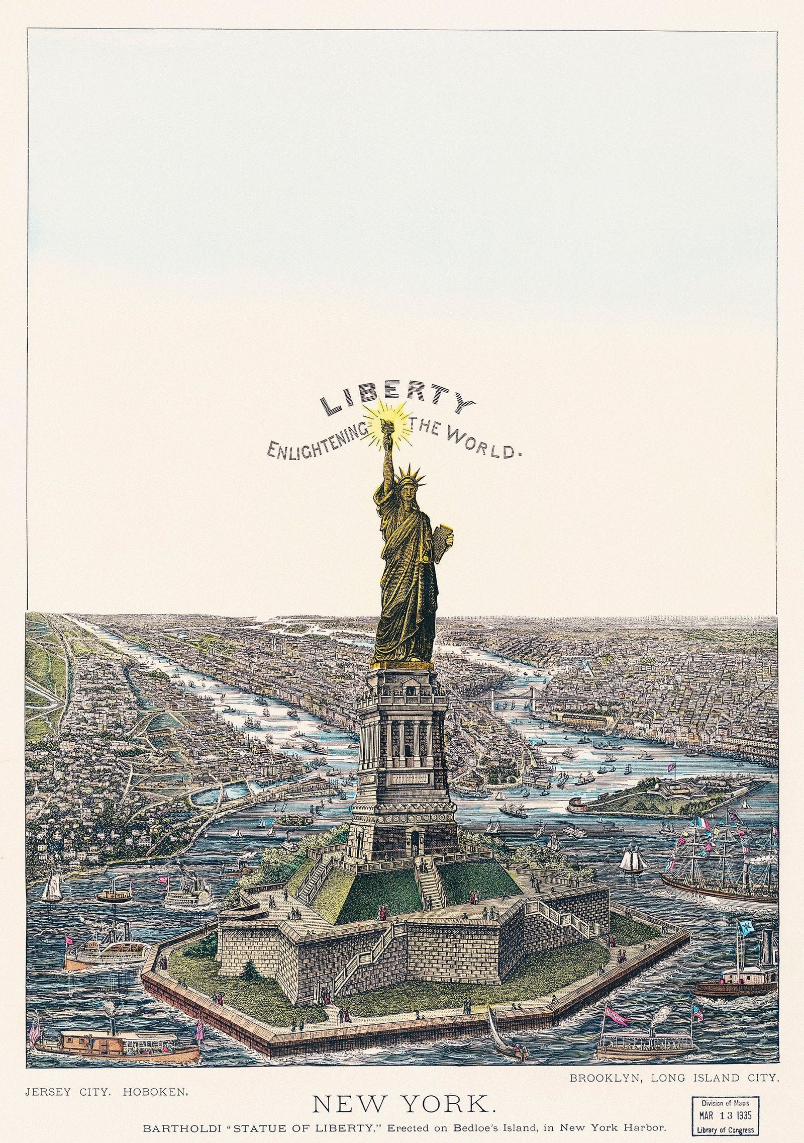 Ilustración vintage del mural de pared de la Estatua de la Libertad. La gran estatua de Bartholdi, la libertad que ilumina el mundo. Papel pintado autoadhesivo. #6409
