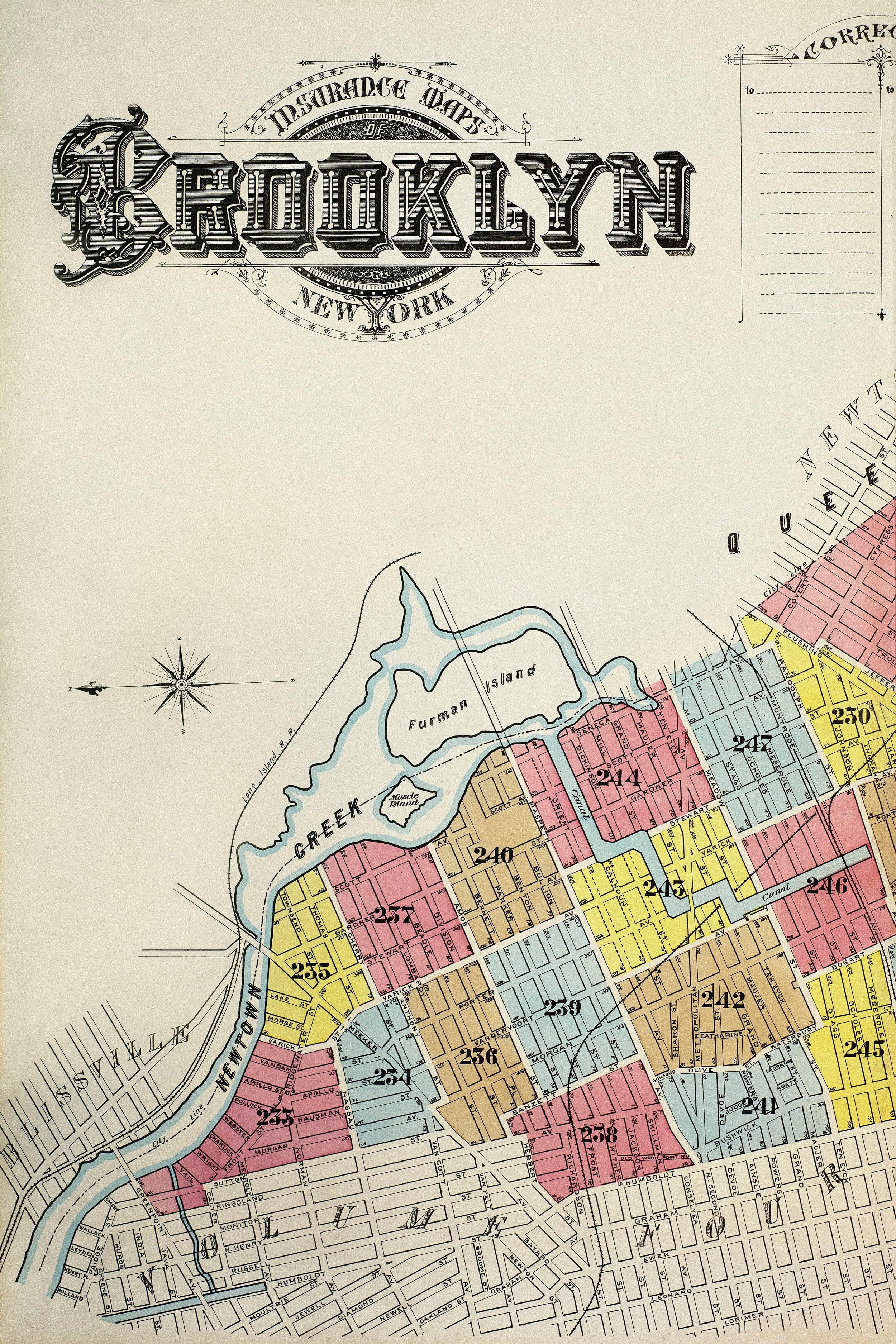 Mural de pared con mapa retro vintage de Brooklyn, Nueva York. Papel tapiz autoadhesivo con mapa de la ciudad de Nueva York de 1888. N.º 6410