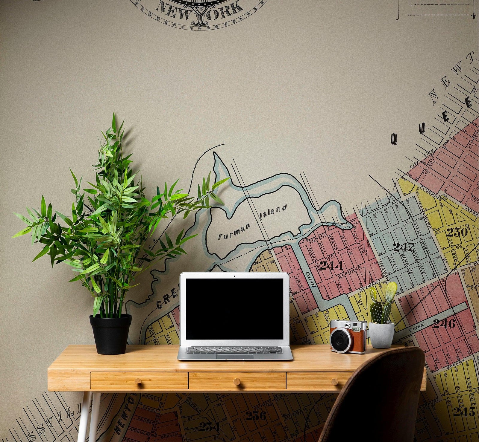 Mural de pared con mapa retro vintage de Brooklyn, Nueva York. Papel tapiz autoadhesivo con mapa de la ciudad de Nueva York de 1888. N.º 6410