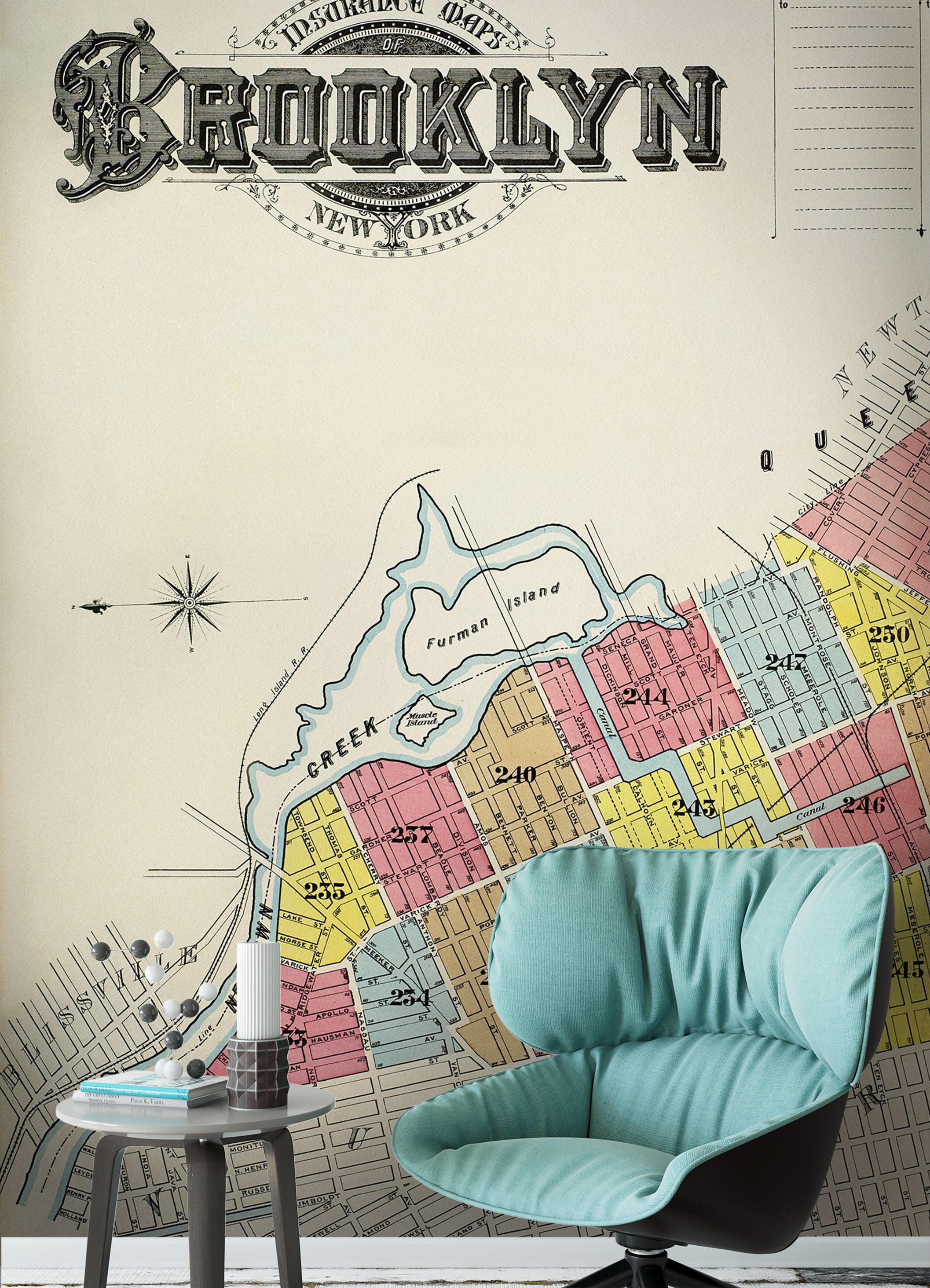 Mural de pared con mapa retro vintage de Brooklyn, Nueva York. Papel tapiz autoadhesivo con mapa de la ciudad de Nueva York de 1888. N.º 6410