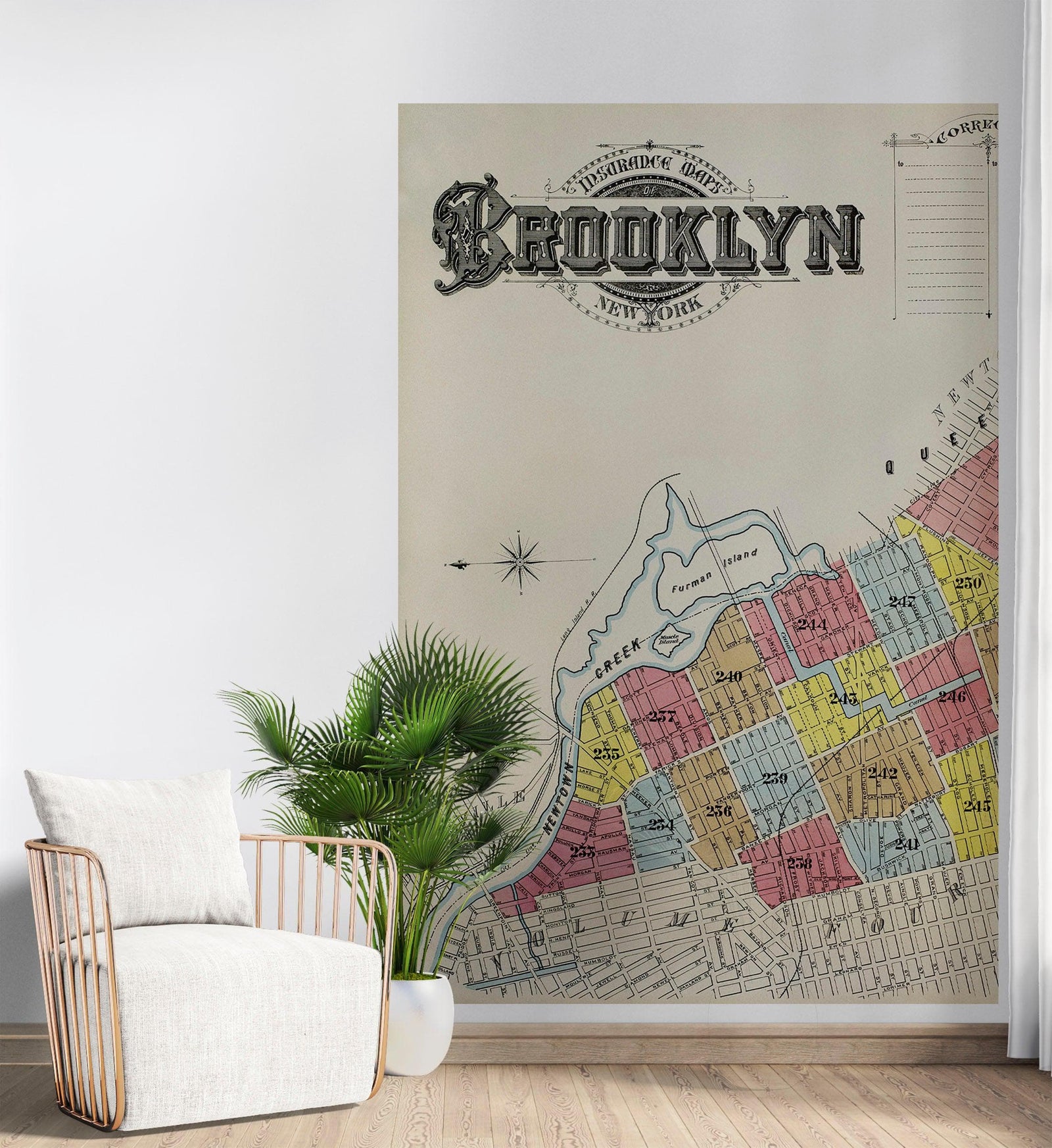 Mural de pared con mapa retro vintage de Brooklyn, Nueva York. Papel tapiz autoadhesivo con mapa de la ciudad de Nueva York de 1888. N.º 6410