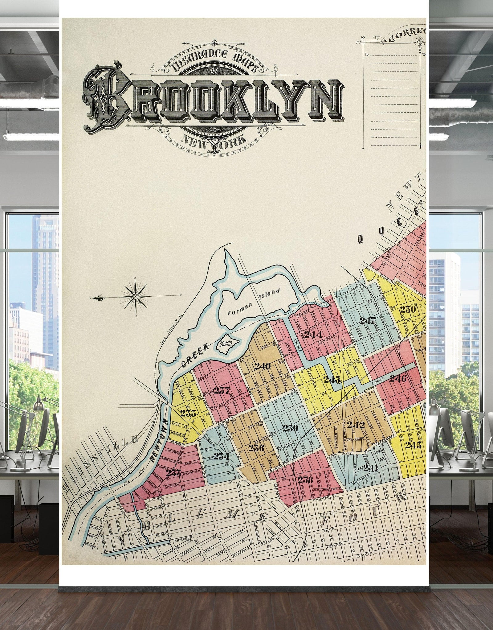Mural de pared con mapa retro vintage de Brooklyn, Nueva York. Papel tapiz autoadhesivo con mapa de la ciudad de Nueva York de 1888. N.º 6410