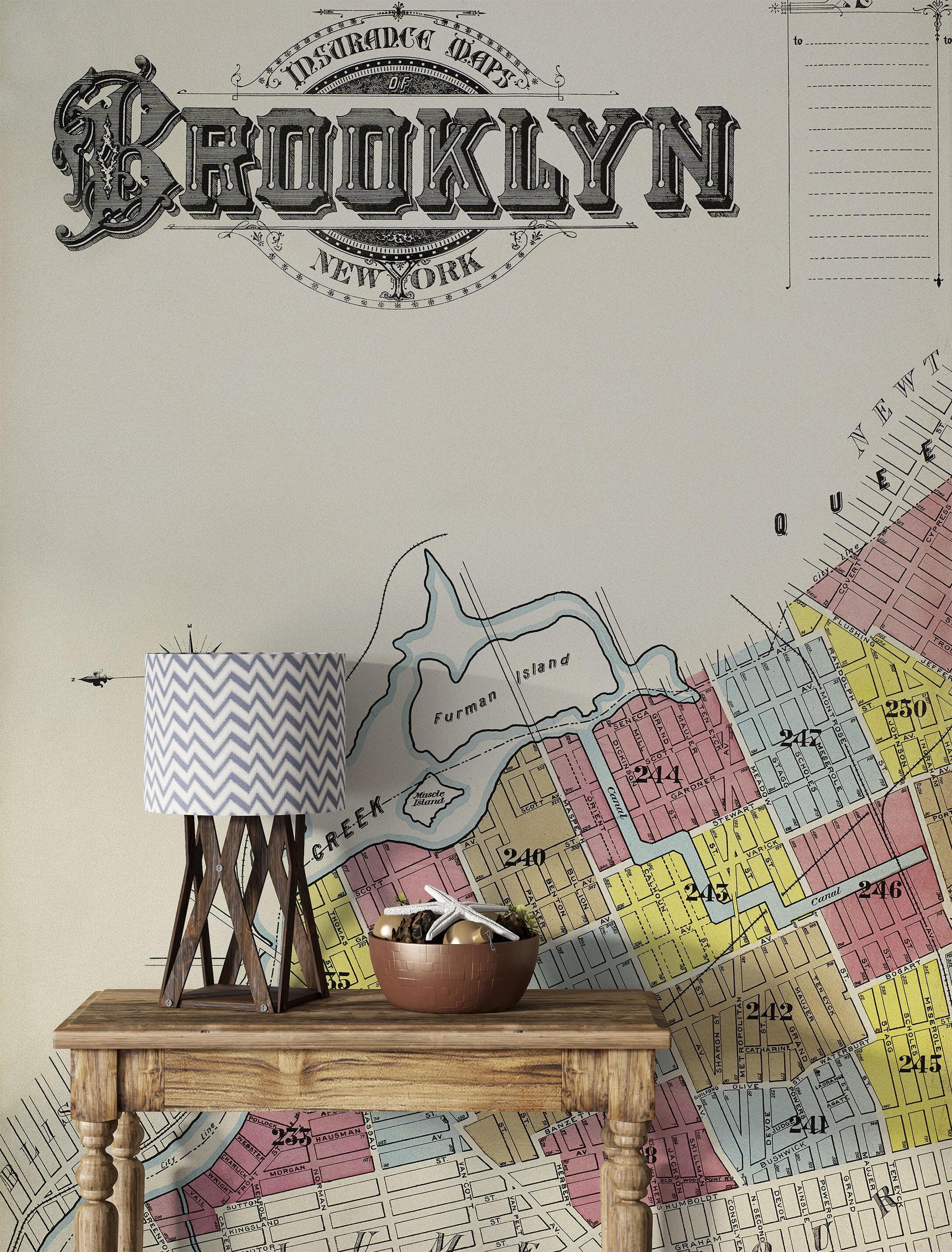 Mural de pared con mapa retro vintage de Brooklyn, Nueva York. Papel tapiz autoadhesivo con mapa de la ciudad de Nueva York de 1888. N.º 6410