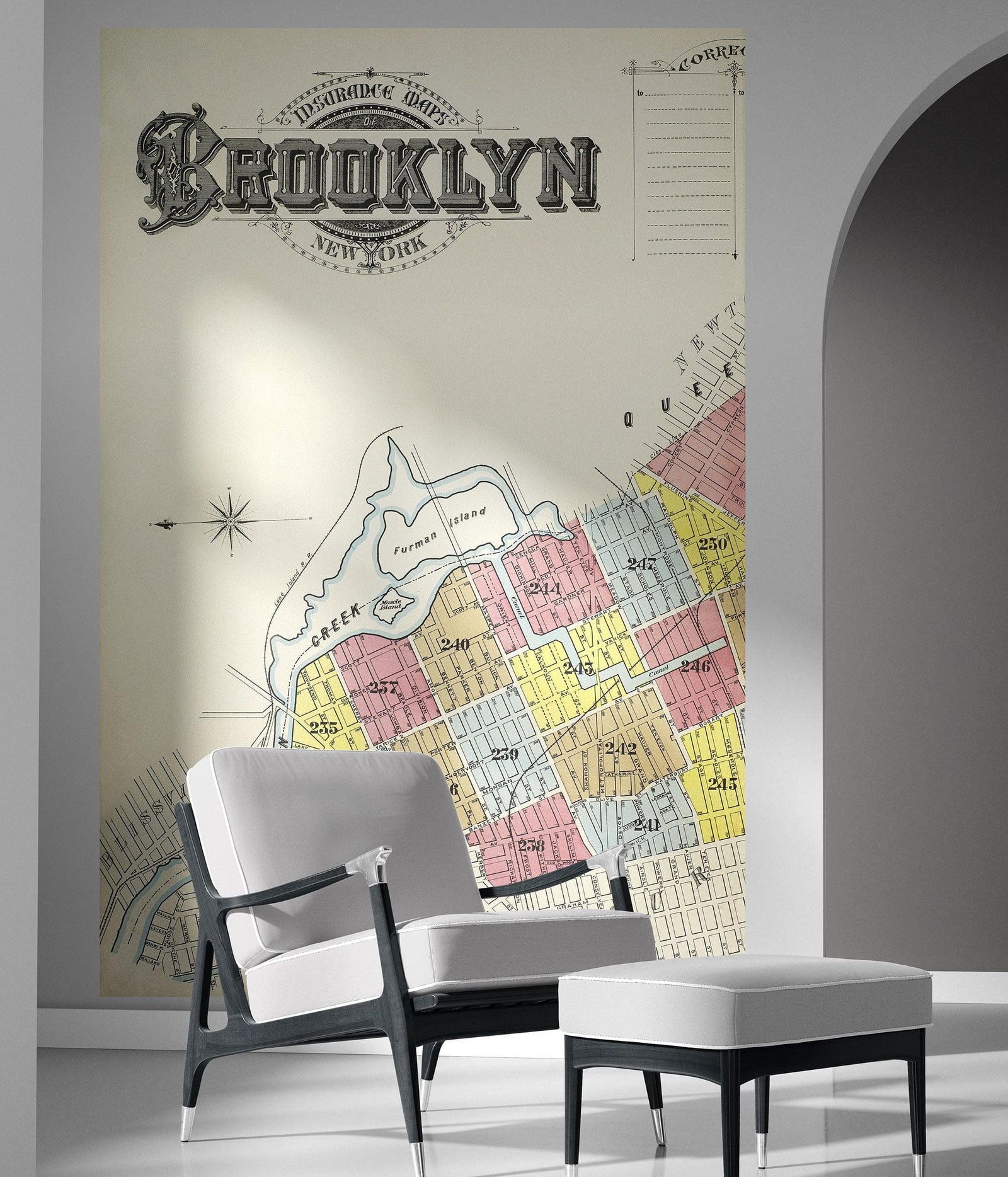 Mural de pared con mapa retro vintage de Brooklyn, Nueva York. Papel tapiz autoadhesivo con mapa de la ciudad de Nueva York de 1888. N.º 6410