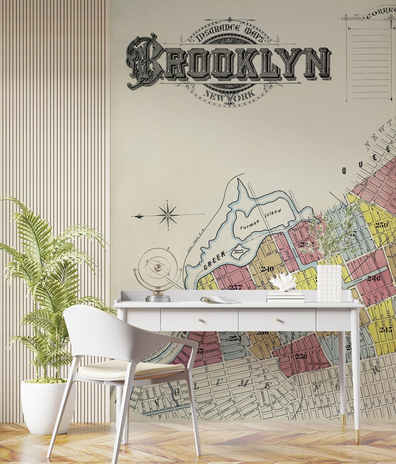 Mural de pared con mapa retro vintage de Brooklyn, Nueva York. Papel tapiz autoadhesivo con mapa de la ciudad de Nueva York de 1888. N.º 6410