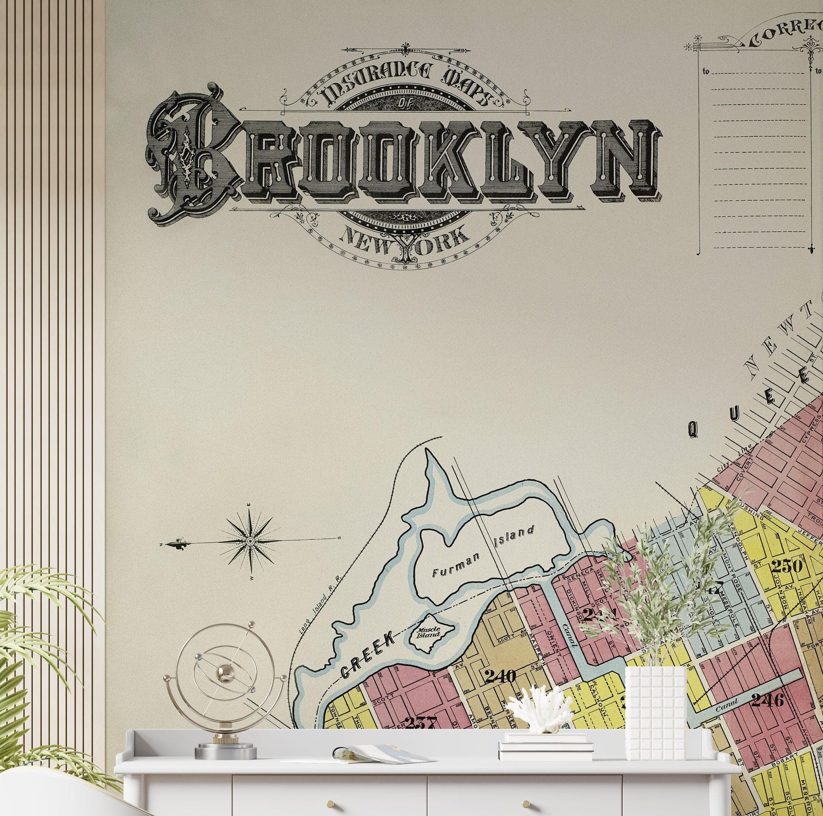Mural de pared con mapa retro vintage de Brooklyn, Nueva York. Papel tapiz autoadhesivo con mapa de la ciudad de Nueva York de 1888. N.º 6410