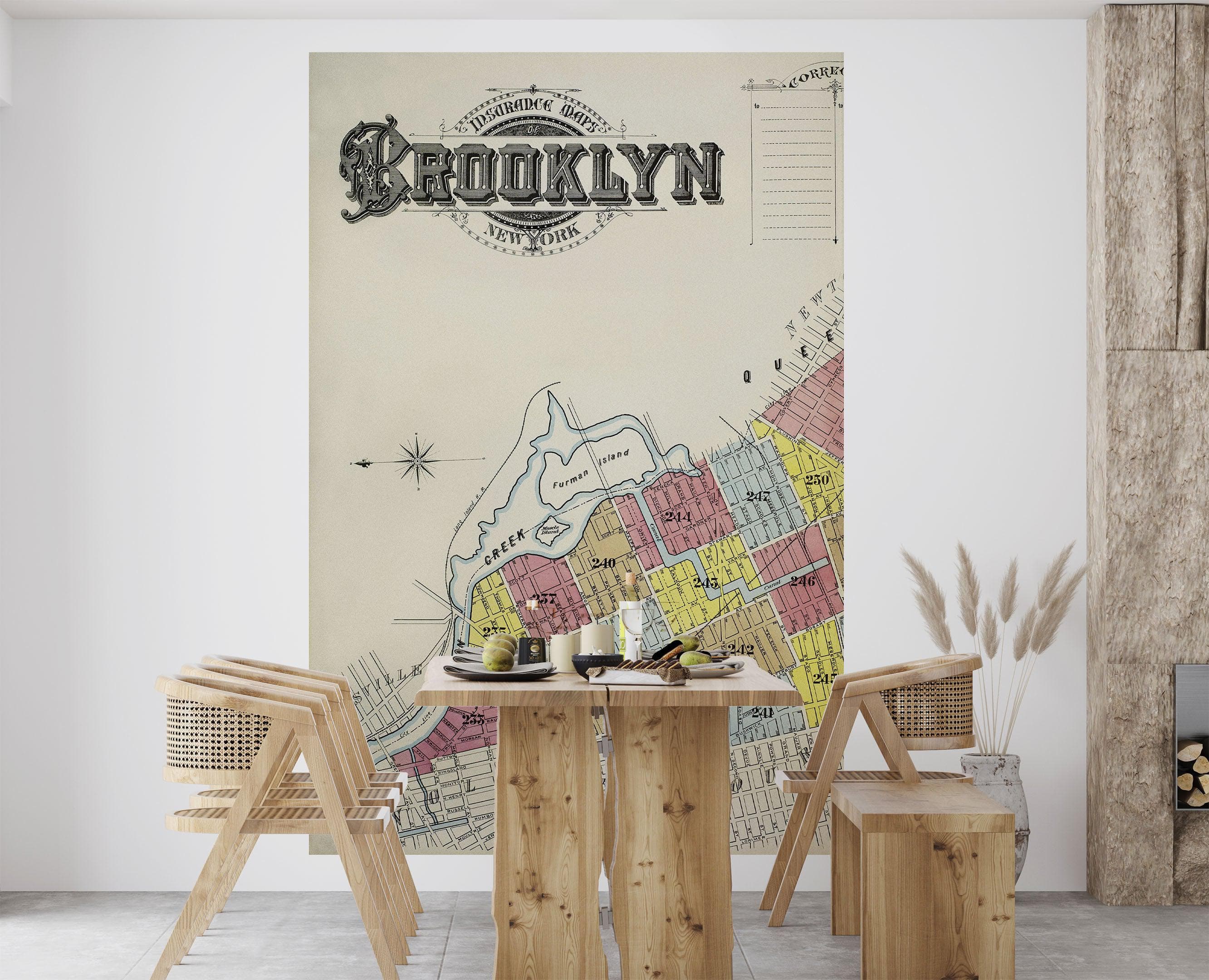 Mural de pared con mapa retro vintage de Brooklyn, Nueva York. Papel tapiz autoadhesivo con mapa de la ciudad de Nueva York de 1888. N.º 6410