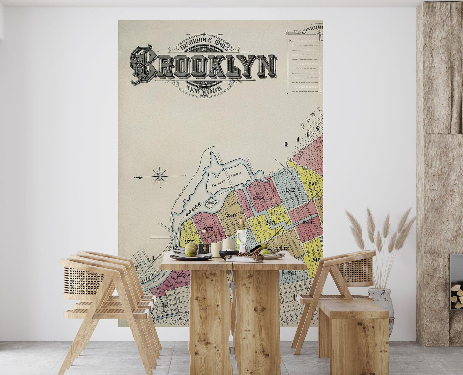 Mural de pared con mapa retro vintage de Brooklyn, Nueva York. Papel tapiz autoadhesivo con mapa de la ciudad de Nueva York de 1888. N.º 6410