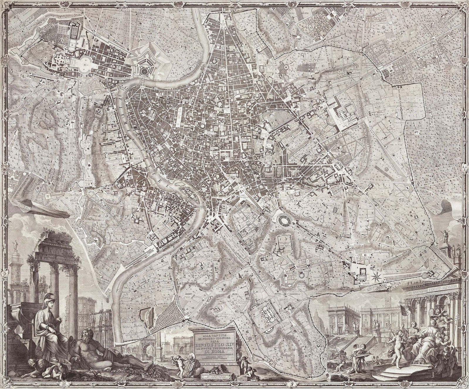 Mural de pared con el mapa antiguo de Roma, Italia. Papel pintado autoadhesivo con el plano de Roma de gran tamaño. #6412