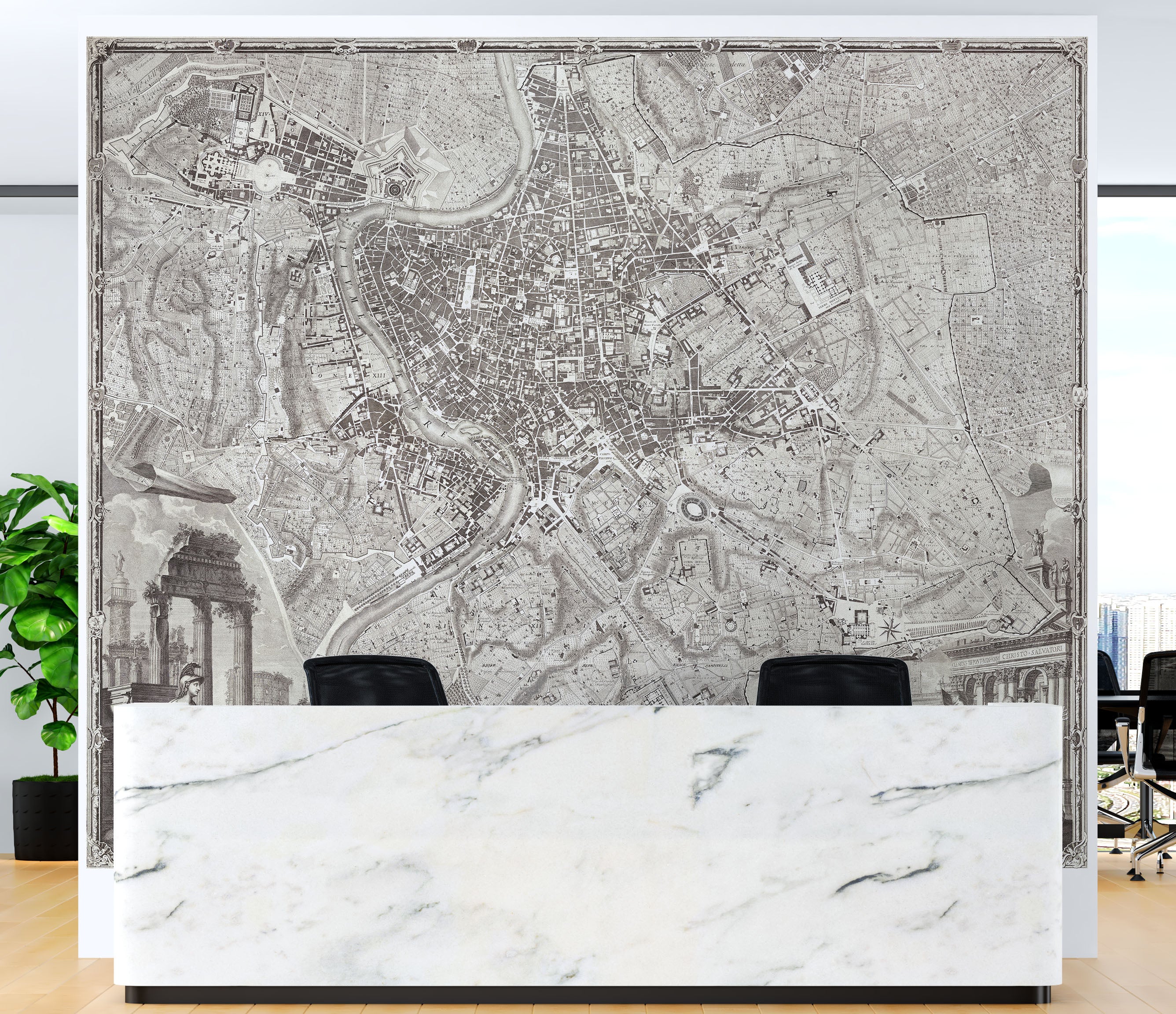 Mural de pared con el mapa antiguo de Roma, Italia. Papel pintado autoadhesivo con el plano de Roma de gran tamaño. #6412