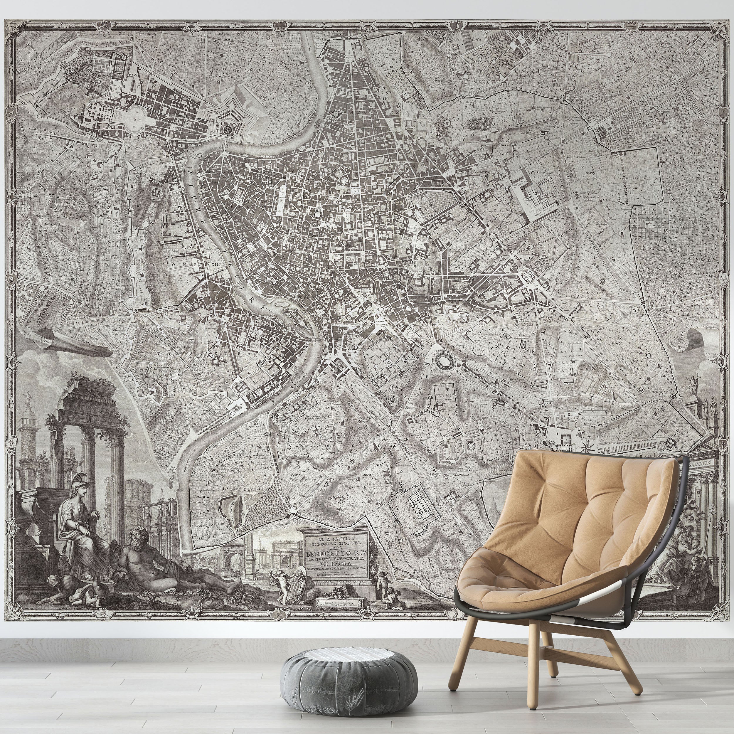 Mural de pared con el mapa antiguo de Roma, Italia. Papel pintado autoadhesivo con el plano de Roma de gran tamaño. #6412