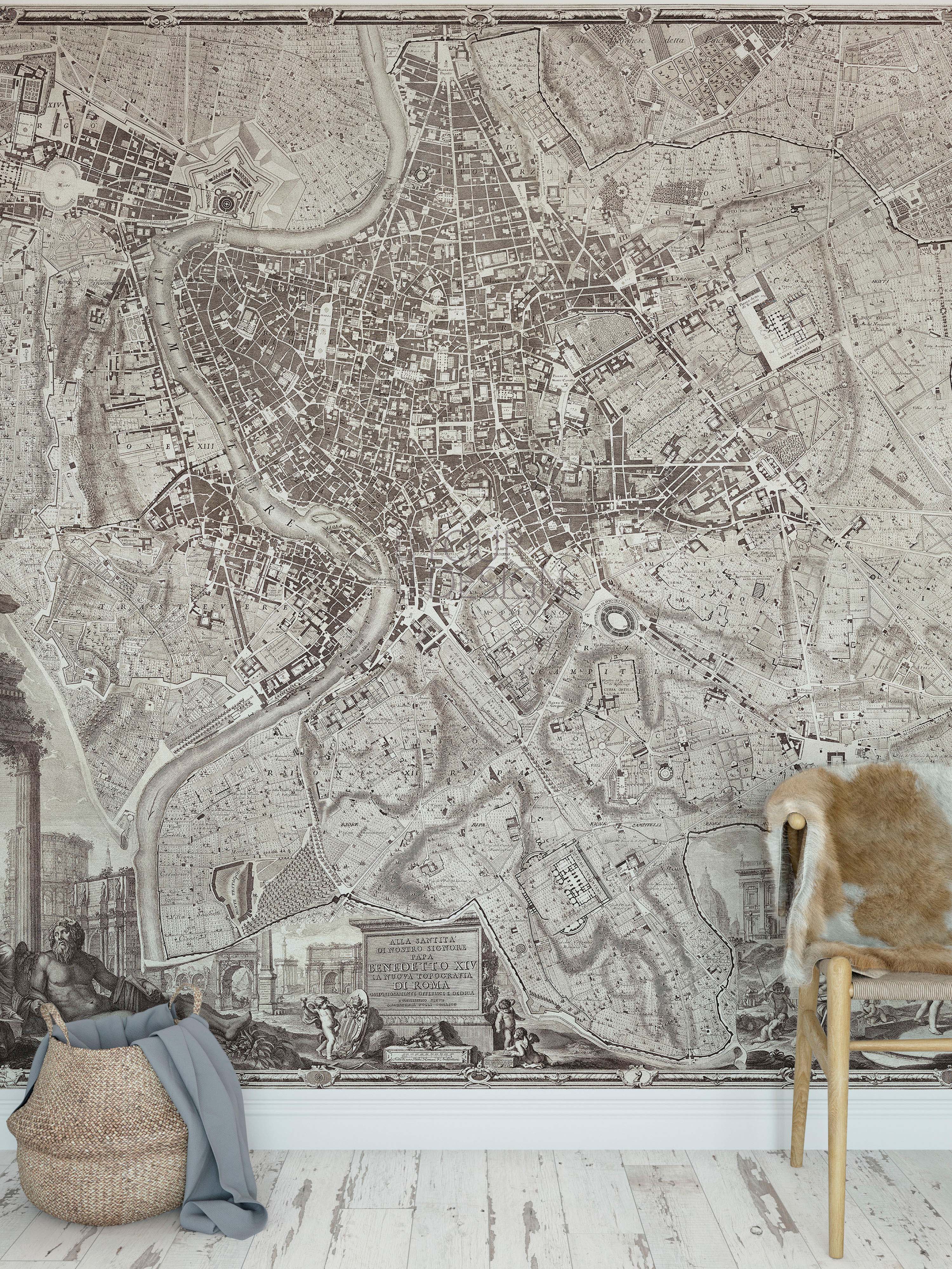 Mural de pared con el mapa antiguo de Roma, Italia. Papel pintado autoadhesivo con el plano de Roma de gran tamaño. #6412