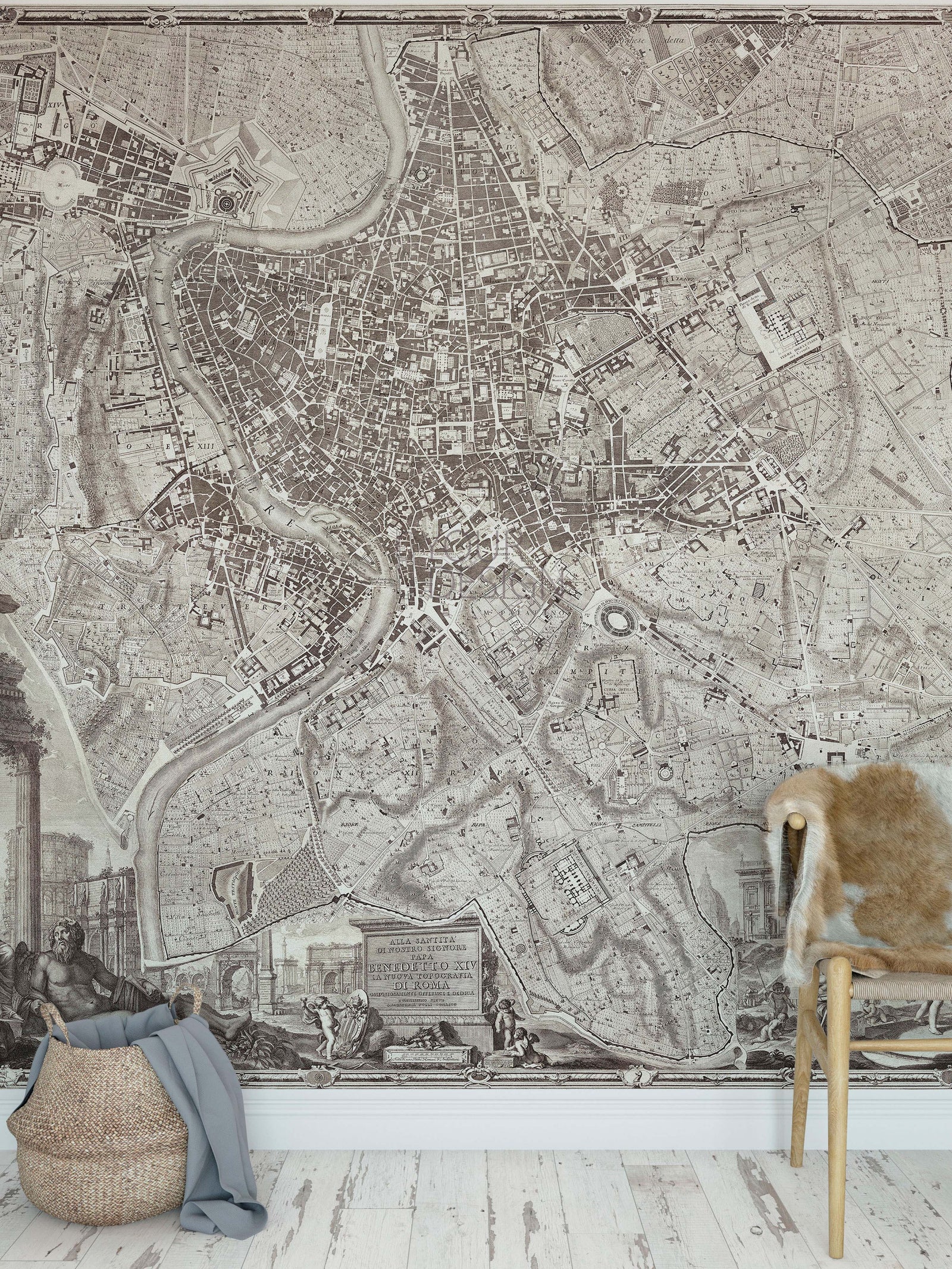 Mural de pared con el mapa antiguo de Roma, Italia. Papel pintado autoadhesivo con el plano de Roma de gran tamaño. #6412