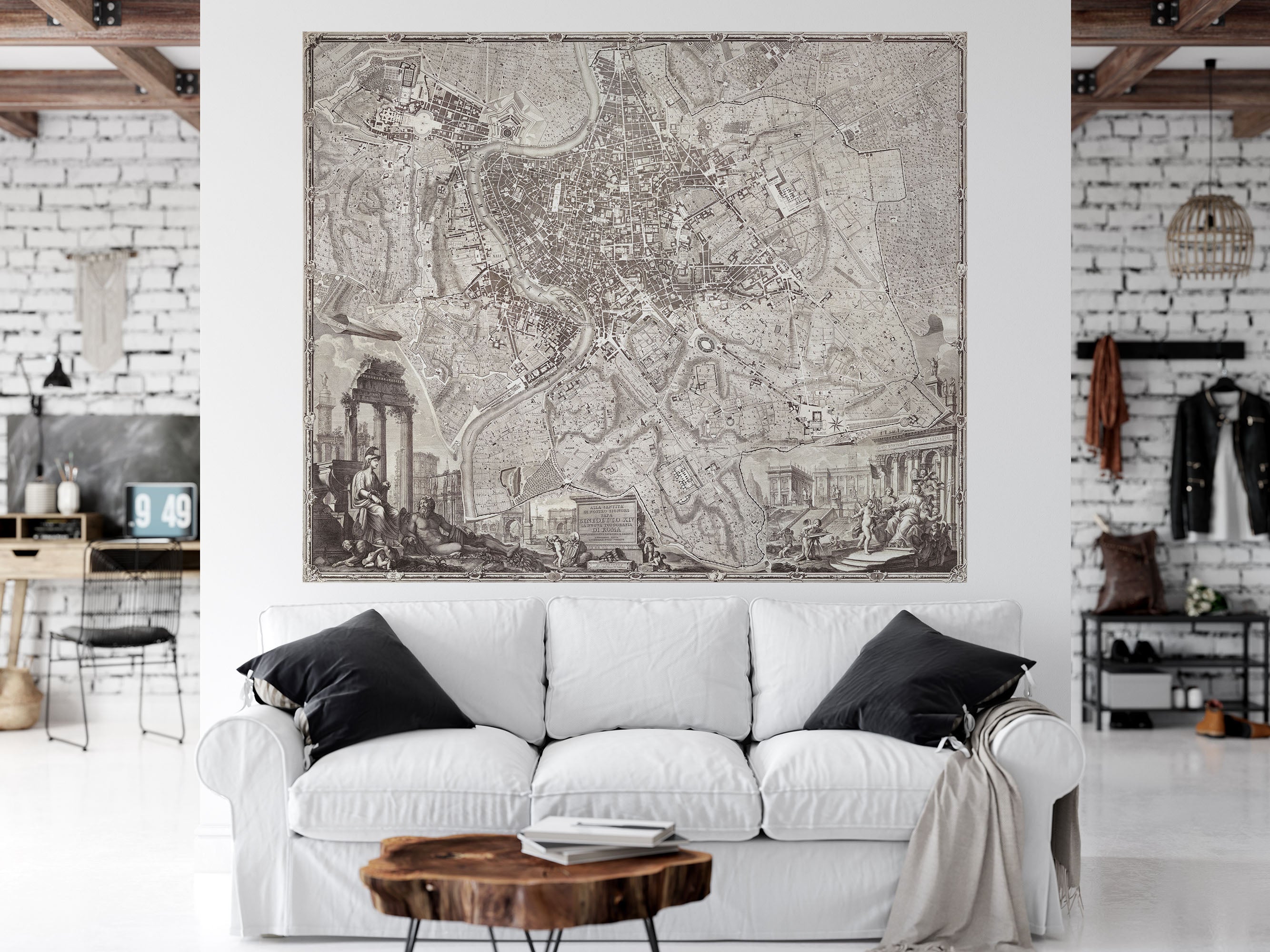 Mural de pared con el mapa antiguo de Roma, Italia. Papel pintado autoadhesivo con el plano de Roma de gran tamaño. #6412