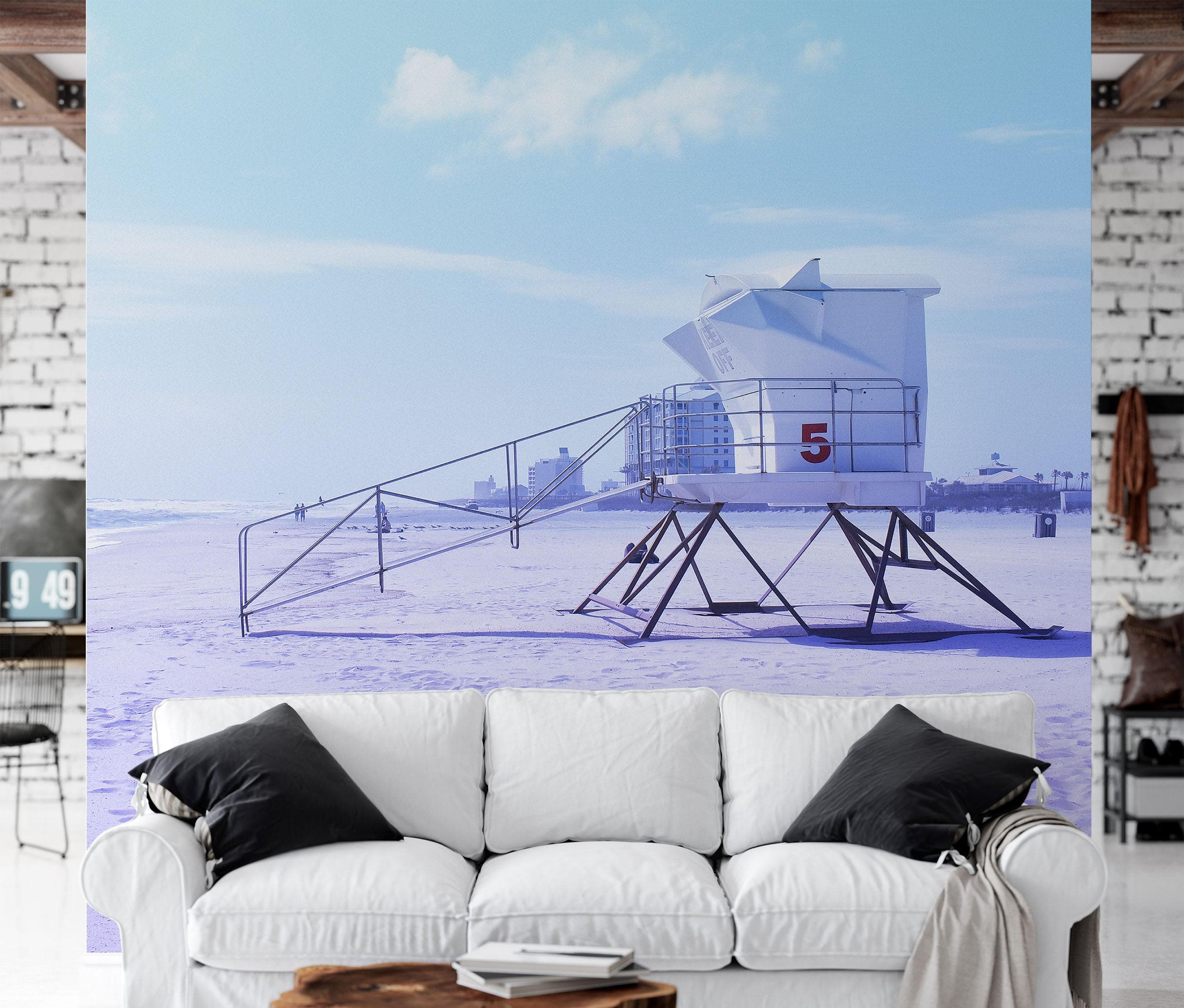 Mural de pared con torre de salvavidas en la playa de Pensacola. Papel tapiz autoadhesivo con temática de colores pastel. N.º 6415