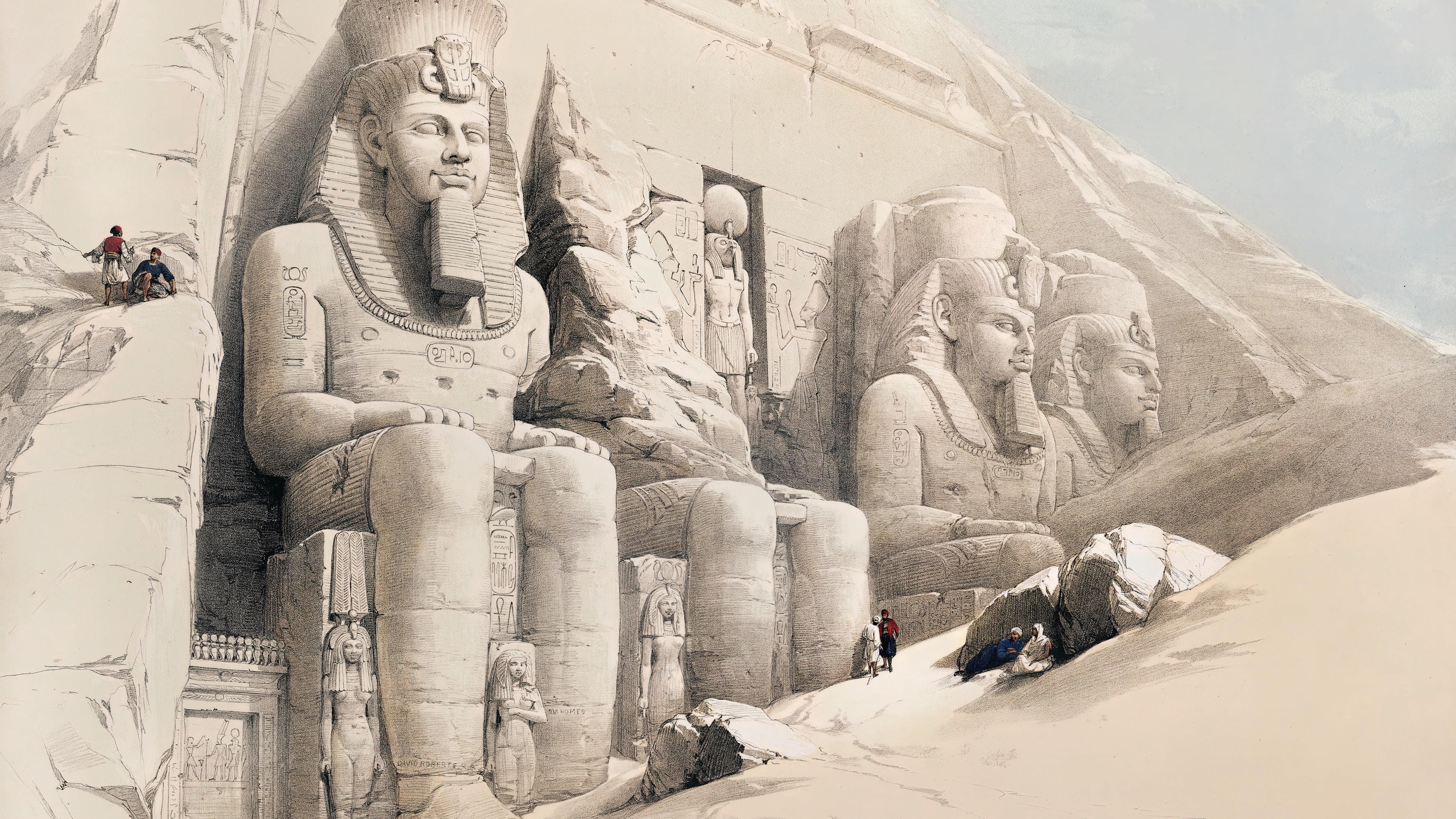 Mural de un antiguo templo egipcio. El gran templo de Abu Simbel, Nubia, de David Roberts. #6417