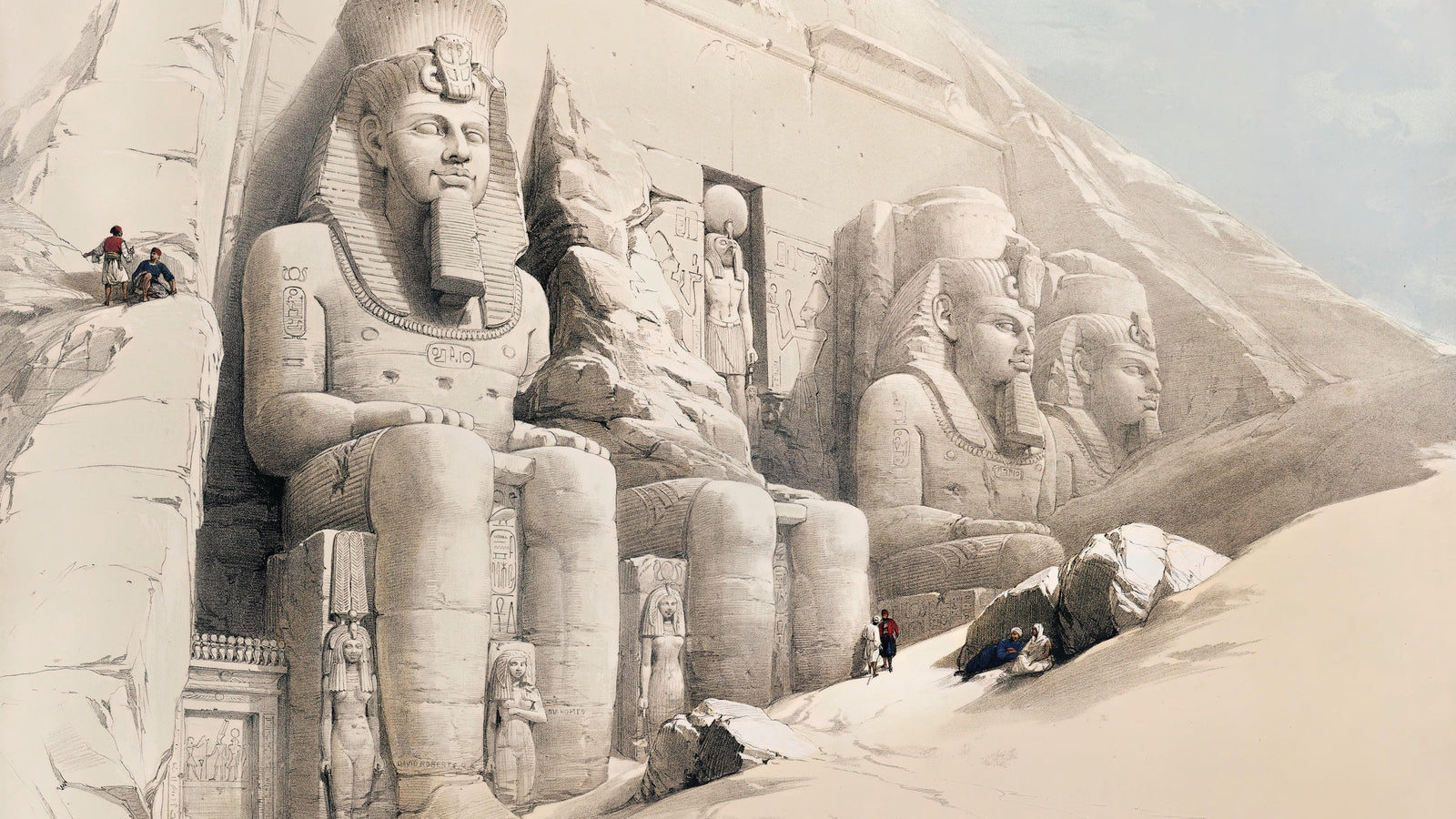 Mural de un antiguo templo egipcio. El gran templo de Abu Simbel, Nubia, de David Roberts. #6417