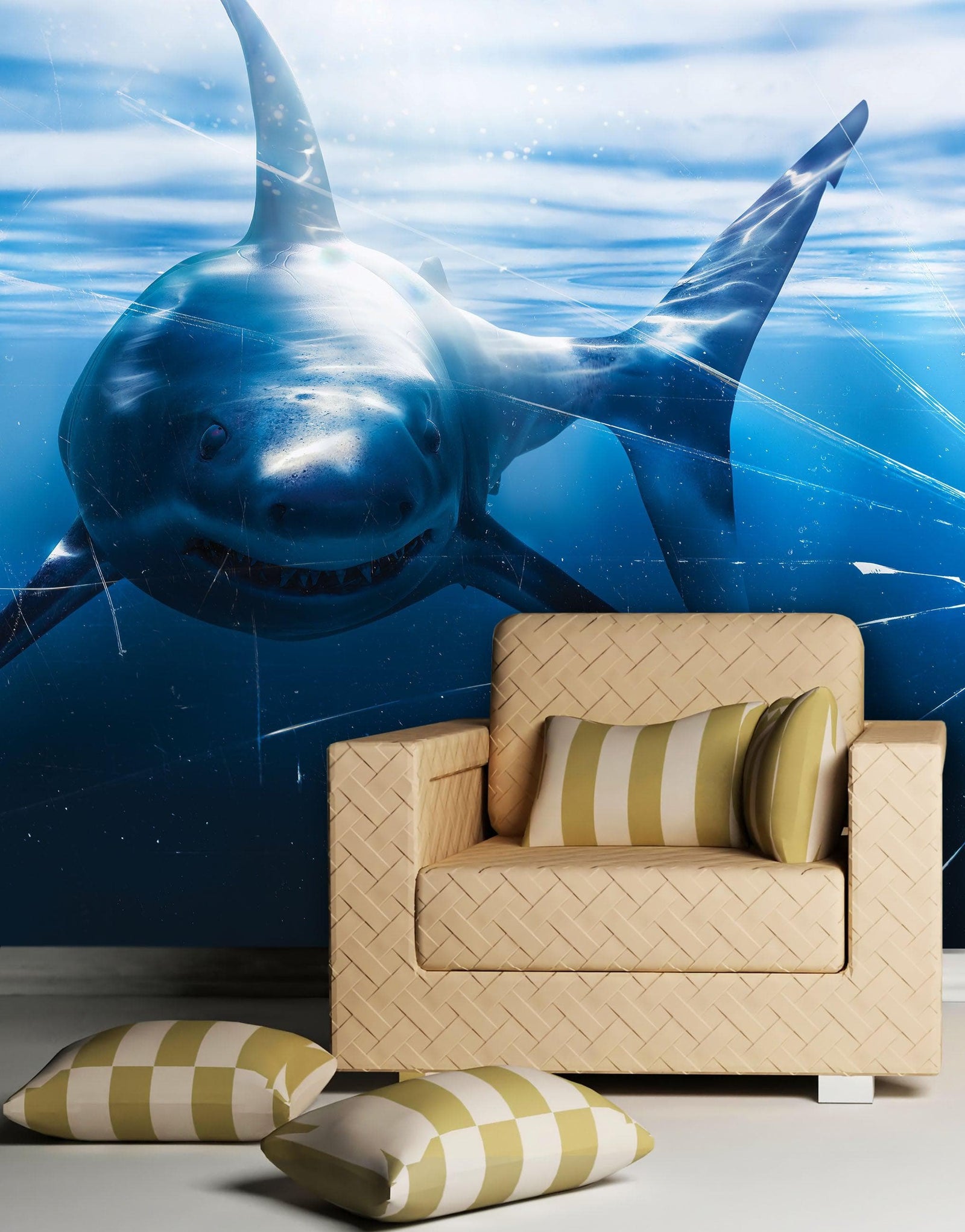 Mural de pared de vidrio con el ataque de un gran tiburón blanco en un acuario. Papel tapiz autoadhesivo. #6424