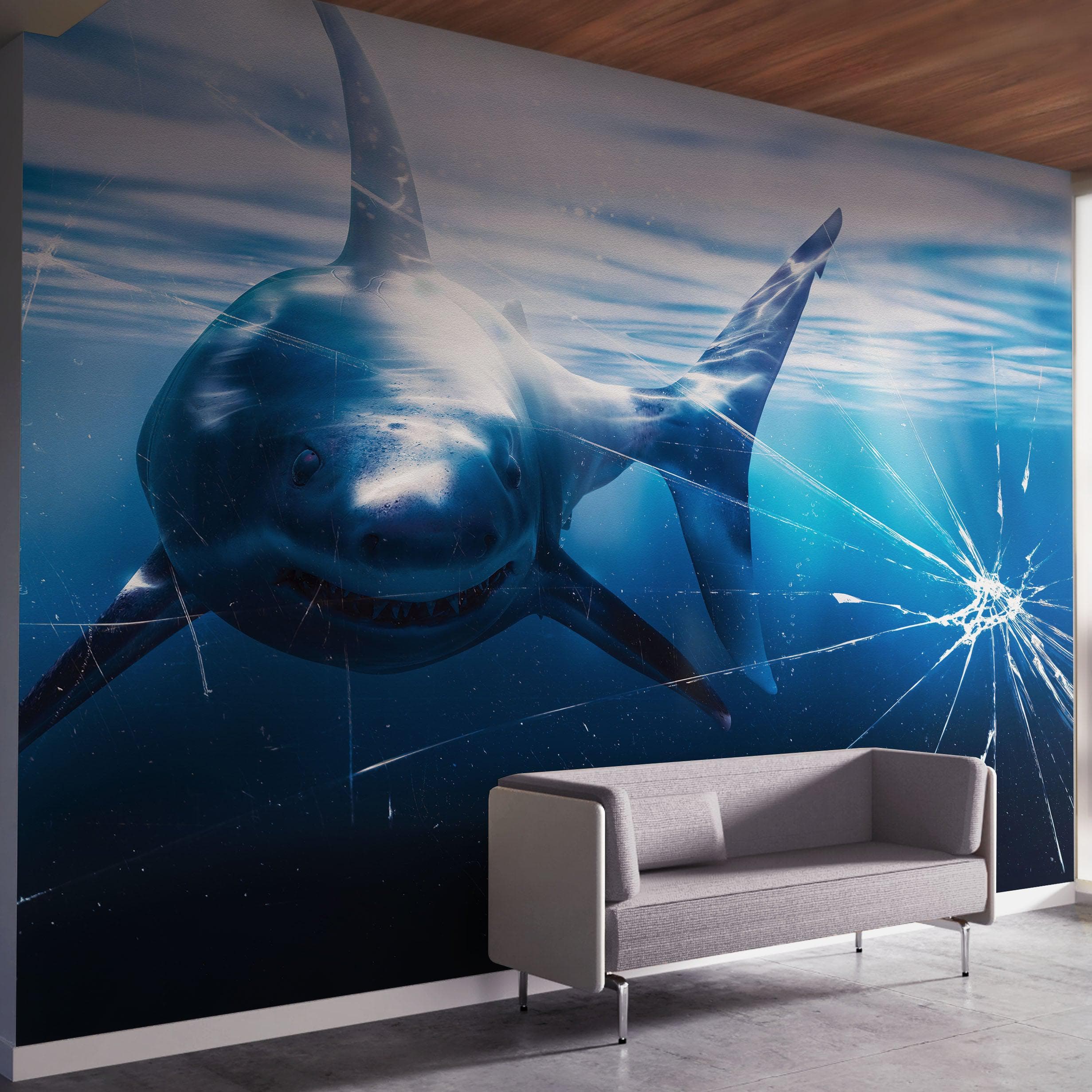 Mural de pared de vidrio con el ataque de un gran tiburón blanco en un acuario. Papel tapiz autoadhesivo. #6424