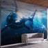 Mural de pared de vidrio con el ataque de un gran tiburón blanco en un acuario. Papel tapiz autoadhesivo. #6424
