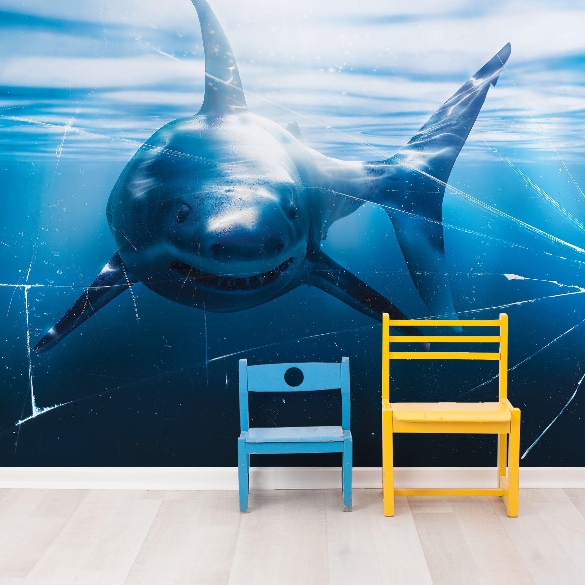 Mural de pared de vidrio con el ataque de un gran tiburón blanco en un acuario. Papel tapiz autoadhesivo. #6424