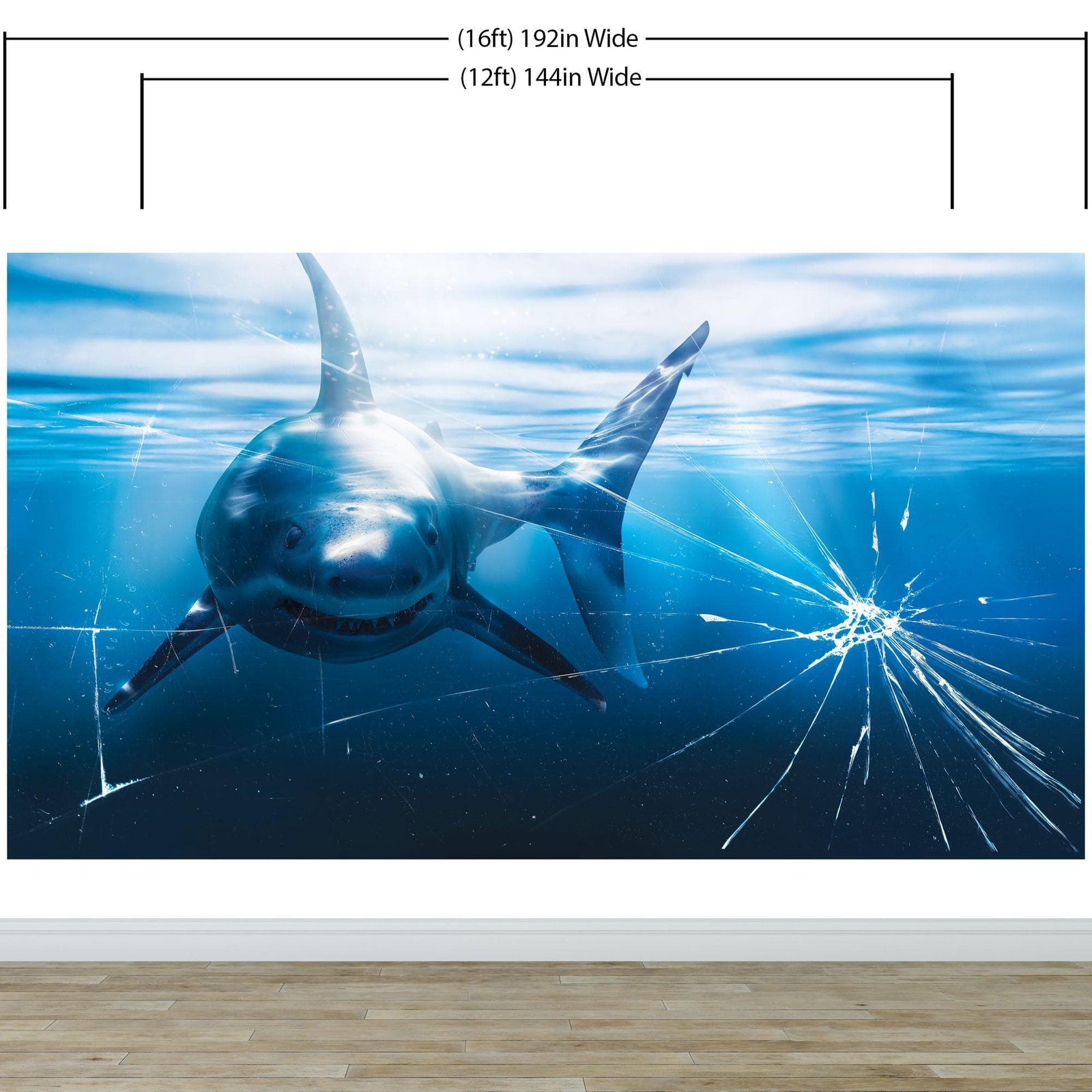 Mural de pared de vidrio con el ataque de un gran tiburón blanco en un acuario. Papel tapiz autoadhesivo. #6424