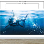 Mural de pared de vidrio con el ataque de un gran tiburón blanco en un acuario. Papel tapiz autoadhesivo. #6424