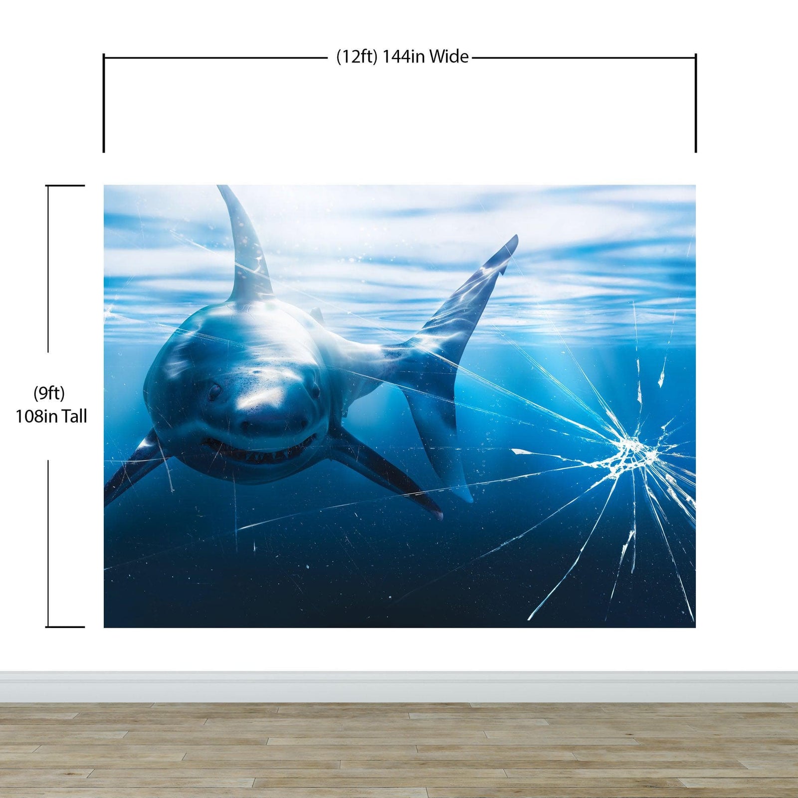 Mural de pared de vidrio con el ataque de un gran tiburón blanco en un acuario. Papel tapiz autoadhesivo. #6424