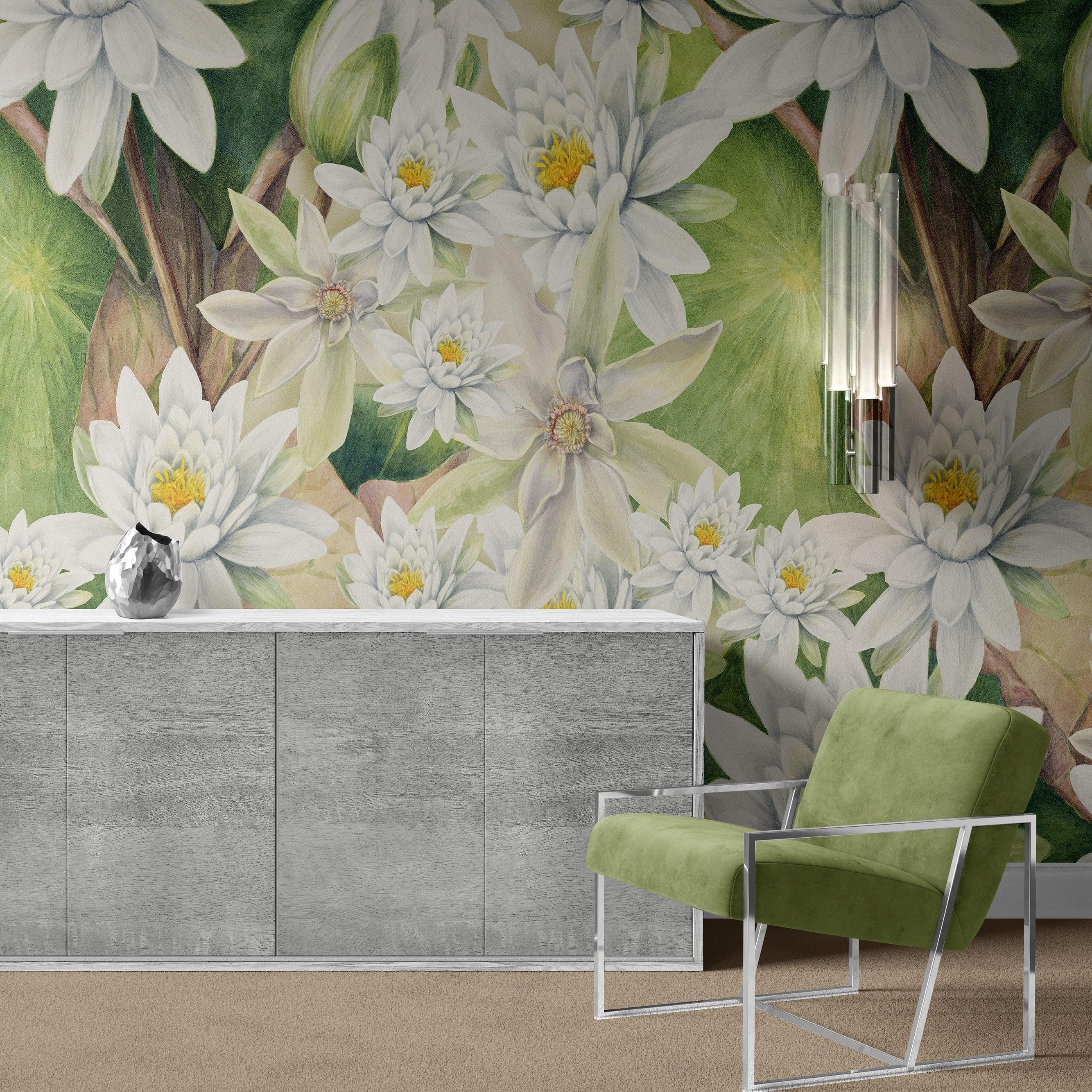 Mural de pared con flores botánicas. Ilustración a lápiz de color de un jardín de flores. Papel tapiz autoadhesivo. Flores botánicas del paraíso y hojas sobre fondo negro. #6426