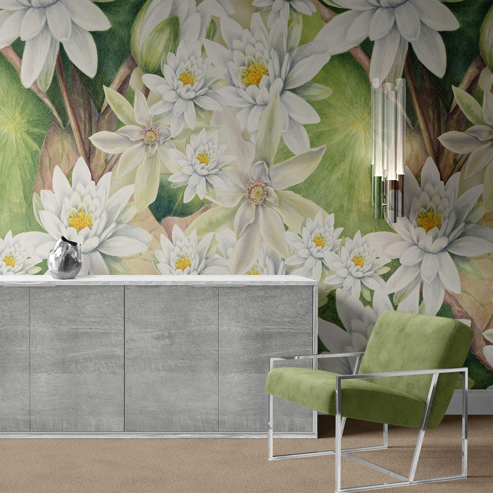 Mural de pared con flores botánicas. Ilustración a lápiz de color de un jardín de flores. Papel tapiz autoadhesivo. Flores botánicas del paraíso y hojas sobre fondo negro. #6426